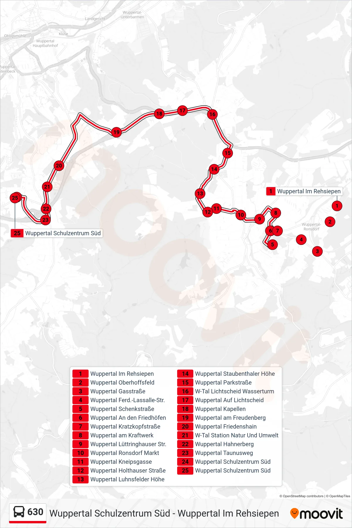 Linie 630 (Bus) Richtung Wuppertal Schulzentrum Süd: Route und Haltestellen auf der Karte