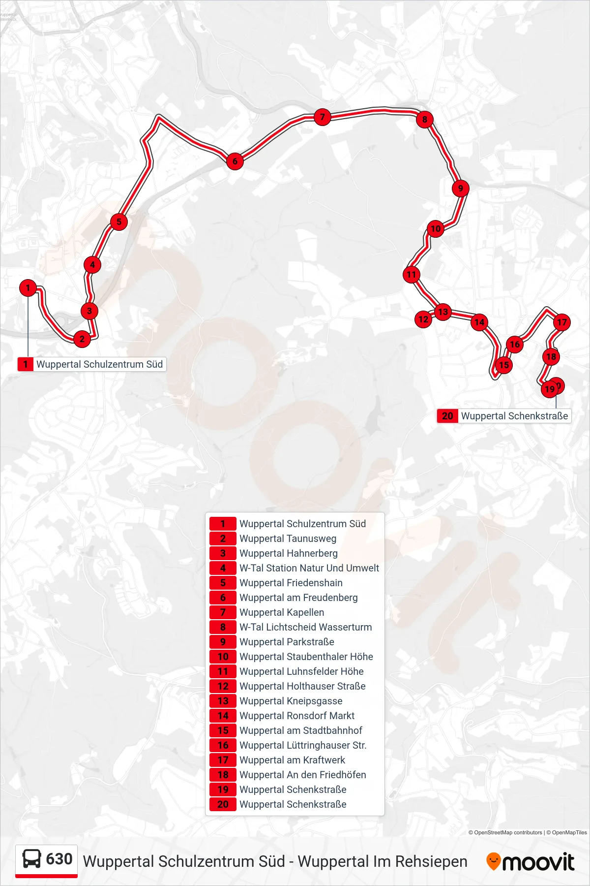 Linie 630 (Bus) Richtung Wuppertal Schenkstraße: Route und Haltestellen auf der Karte
