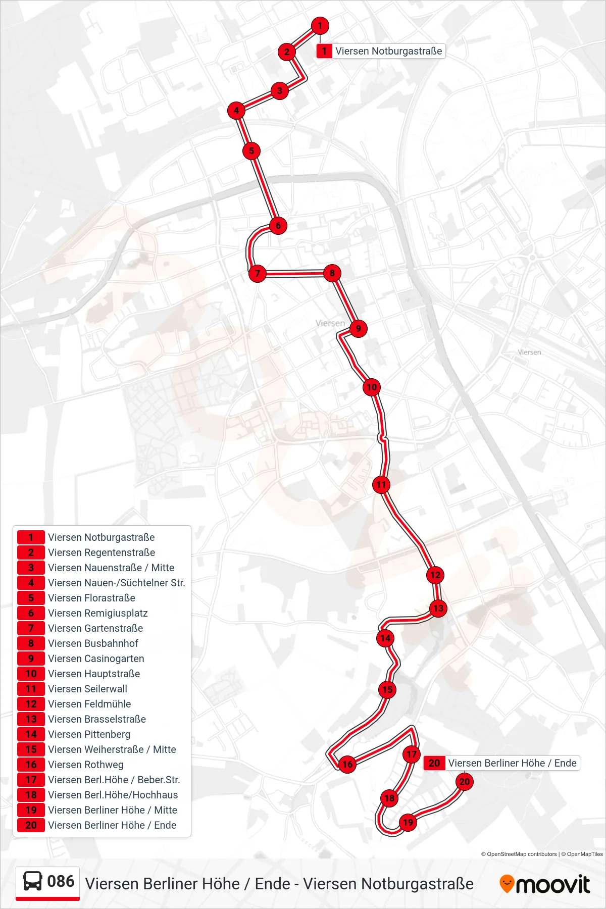 Linie 086 (Bus) Richtung Viersen Berliner Höhe / Ende: Route und Haltestellen auf der Karte