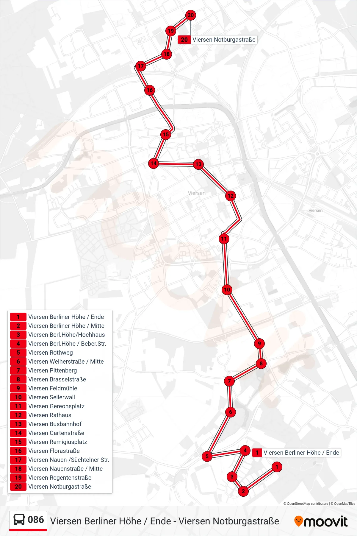Linie 086 (Bus) Richtung Viersen Notburgastraße: Route und Haltestellen auf der Karte