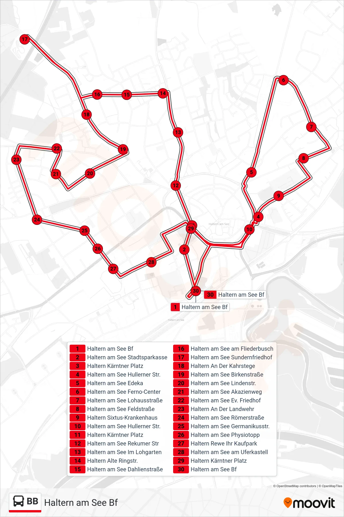 Linie BB (Bus) Richtung Haltern am See Bf: Route und Haltestellen auf der Karte