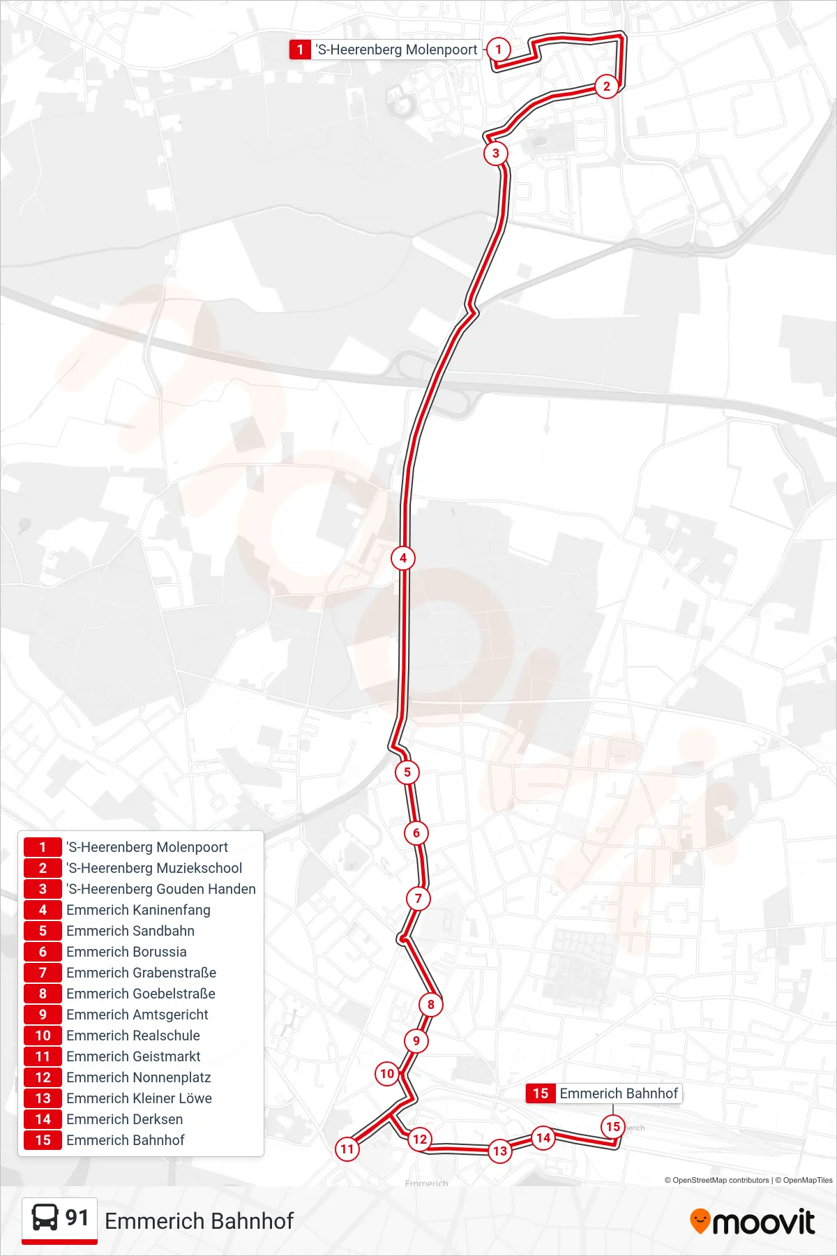 Linie 91 (Bus) Richtung Emmerich Bahnhof: Route und Haltestellen auf der Karte