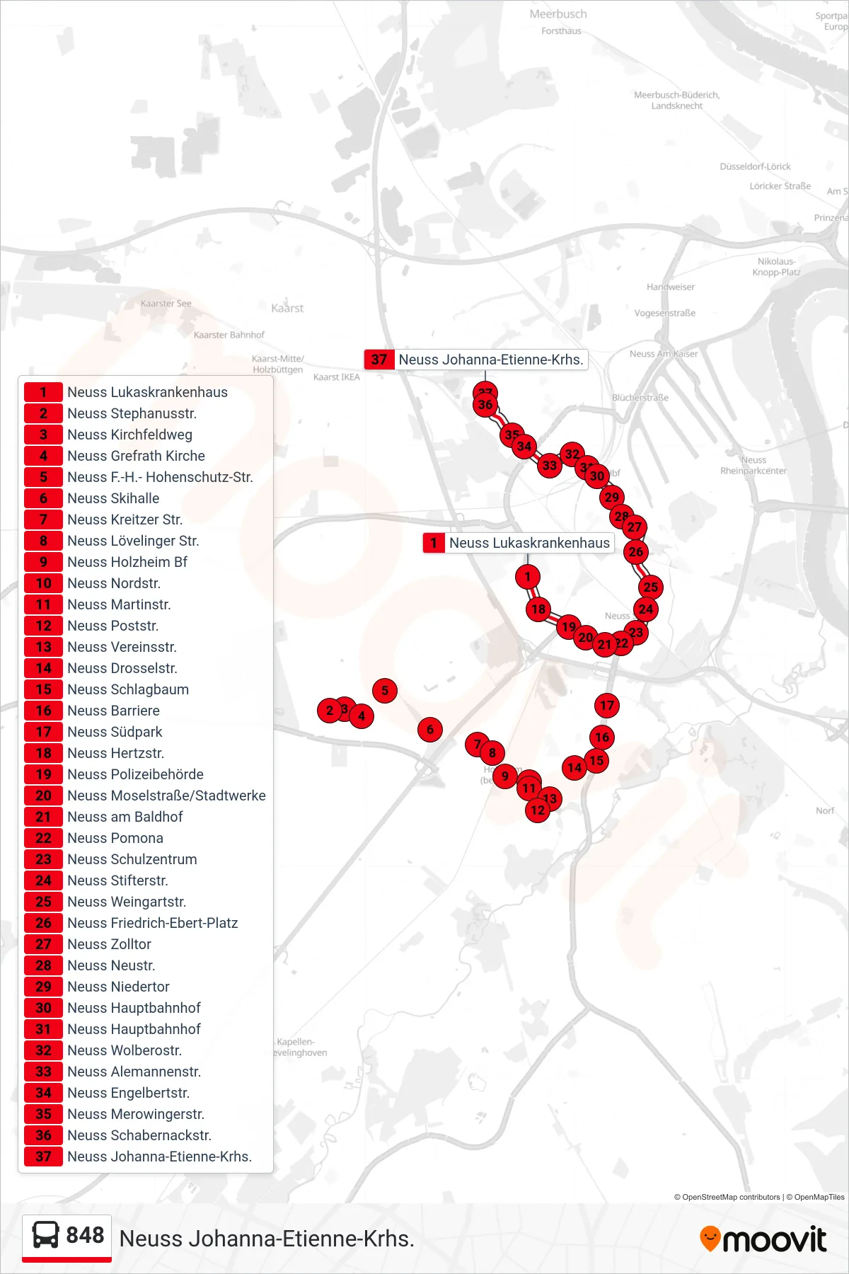 Linie 848 (Bus) Richtung Neuss Johanna-Etienne-Krhs.: Route und Haltestellen auf der Karte