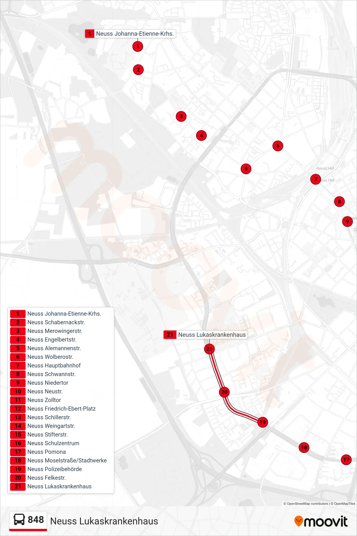 848 bus Line (Neuss Lukaskrankenhaus) route and stops on a map