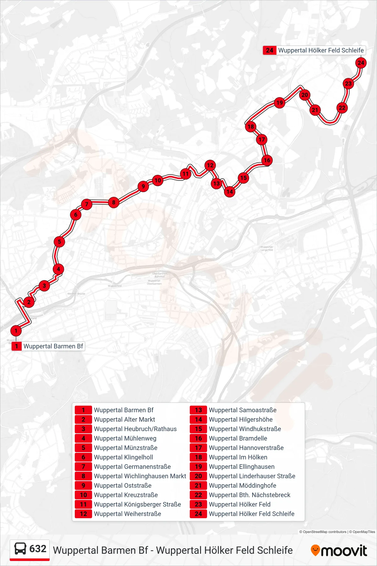 Linie 632 (Bus) Richtung Wuppertal Hölker Feld Schleife: Route und Haltestellen auf der Karte