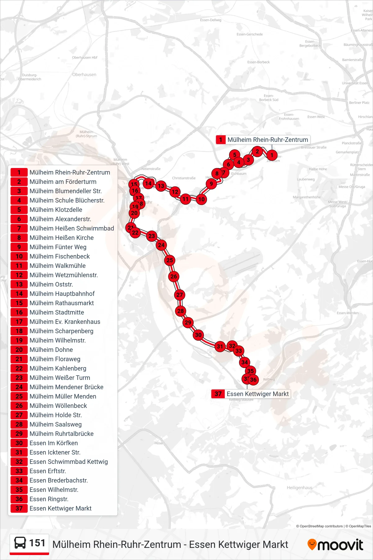 Linie 151 (Bus) Richtung Essen Kettwiger Markt: Route und Haltestellen auf der Karte