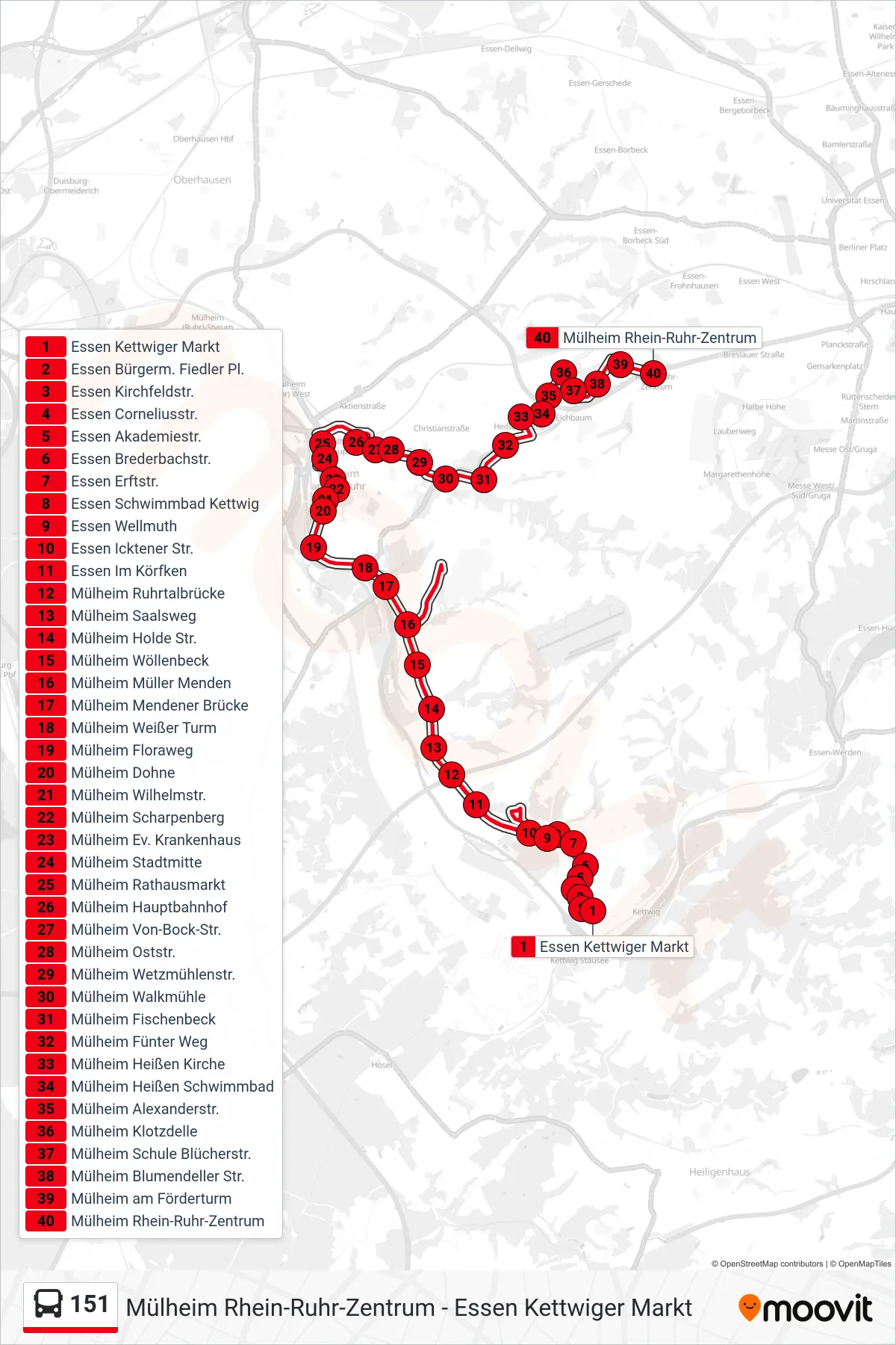 Linie 151 (Bus) Richtung Mülheim Rhein-Ruhr-Zentrum: Route und Haltestellen auf der Karte