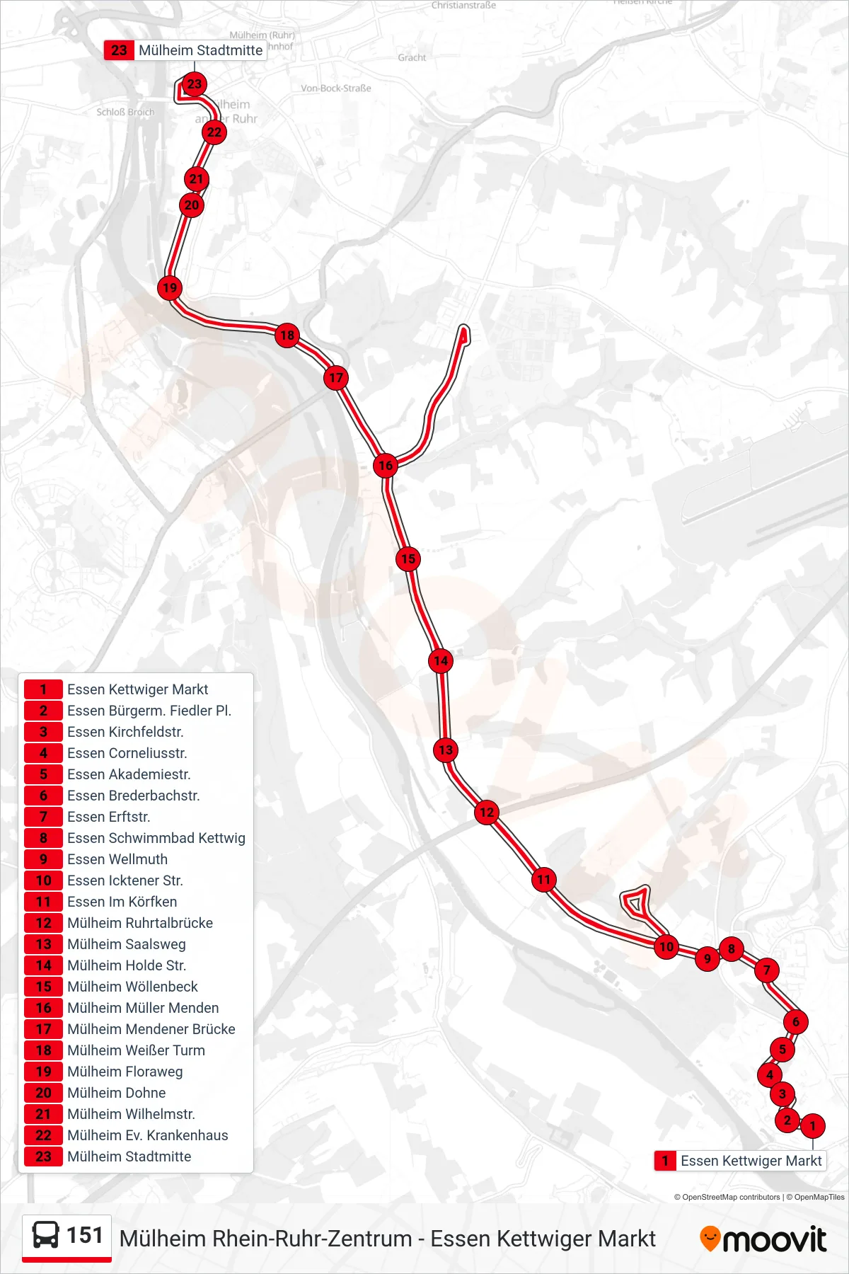 Linie 151 (Bus) Richtung Mülheim Stadtmitte: Route und Haltestellen auf der Karte