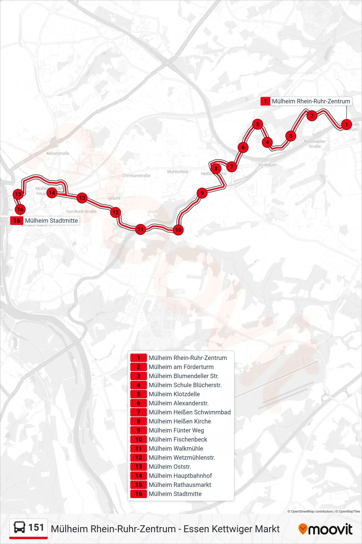 151 bus Line (Mülheim Stadtmitte) route and stops on a map