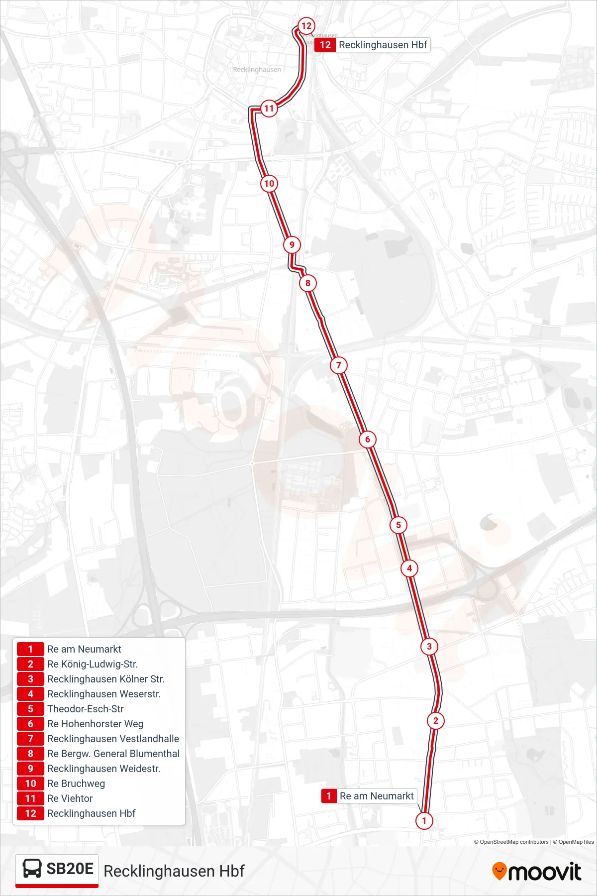 Linie SB20E (Bus) Richtung Recklinghausen Hbf: Route und Haltestellen auf der Karte