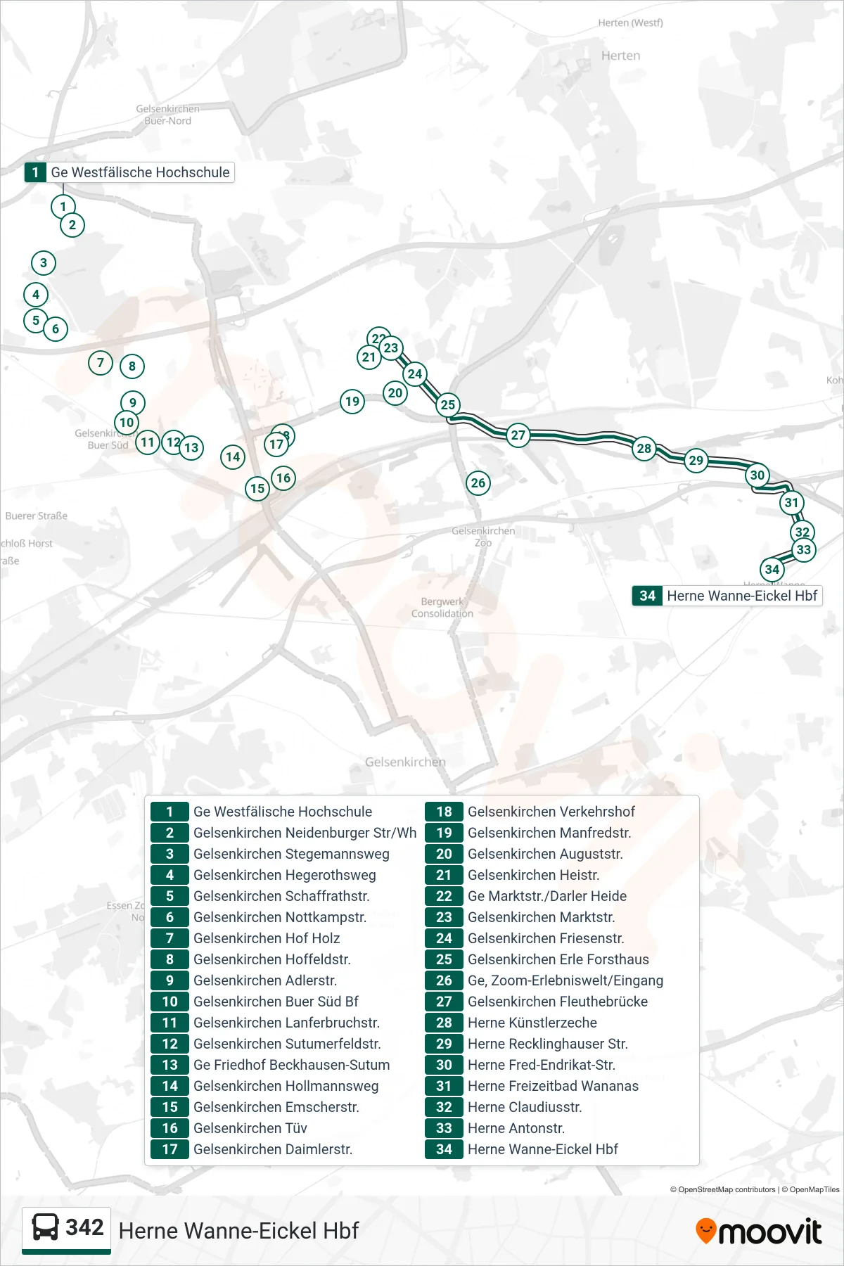 Linie 342 (Bus) Richtung Herne Wanne-Eickel Hbf: Route und Haltestellen auf der Karte