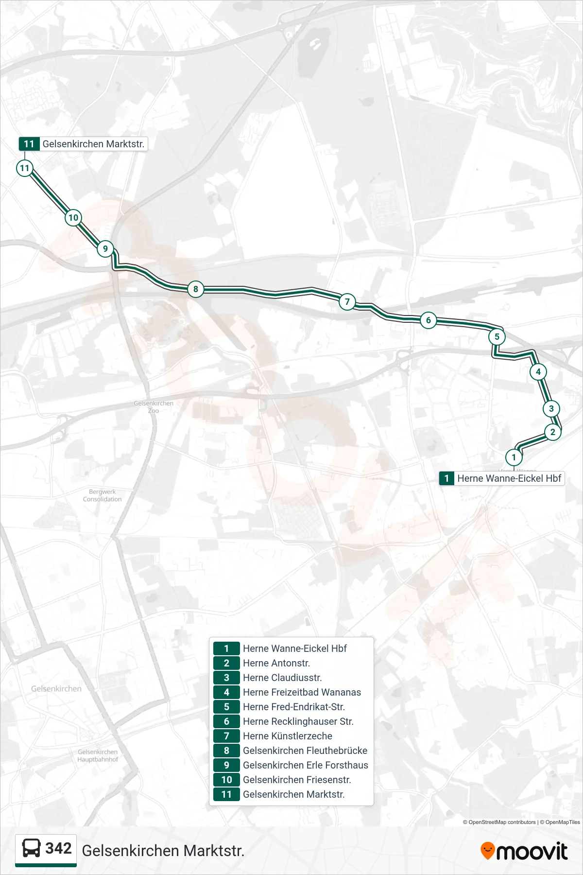 Linie 342 (Bus) Richtung Gelsenkirchen Marktstr.: Route und Haltestellen auf der Karte