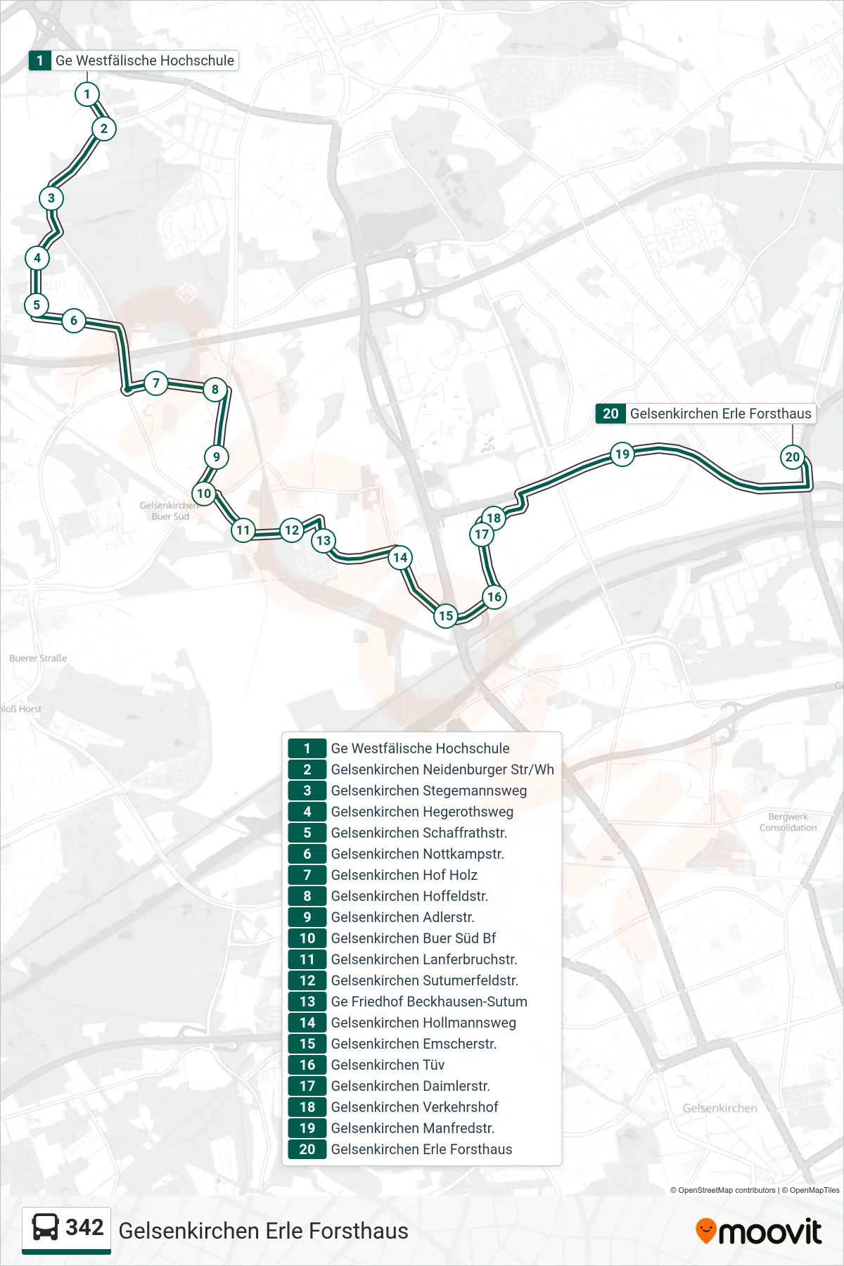 342 bus Line (Gelsenkirchen Erle Forsthaus) route and stops on a map