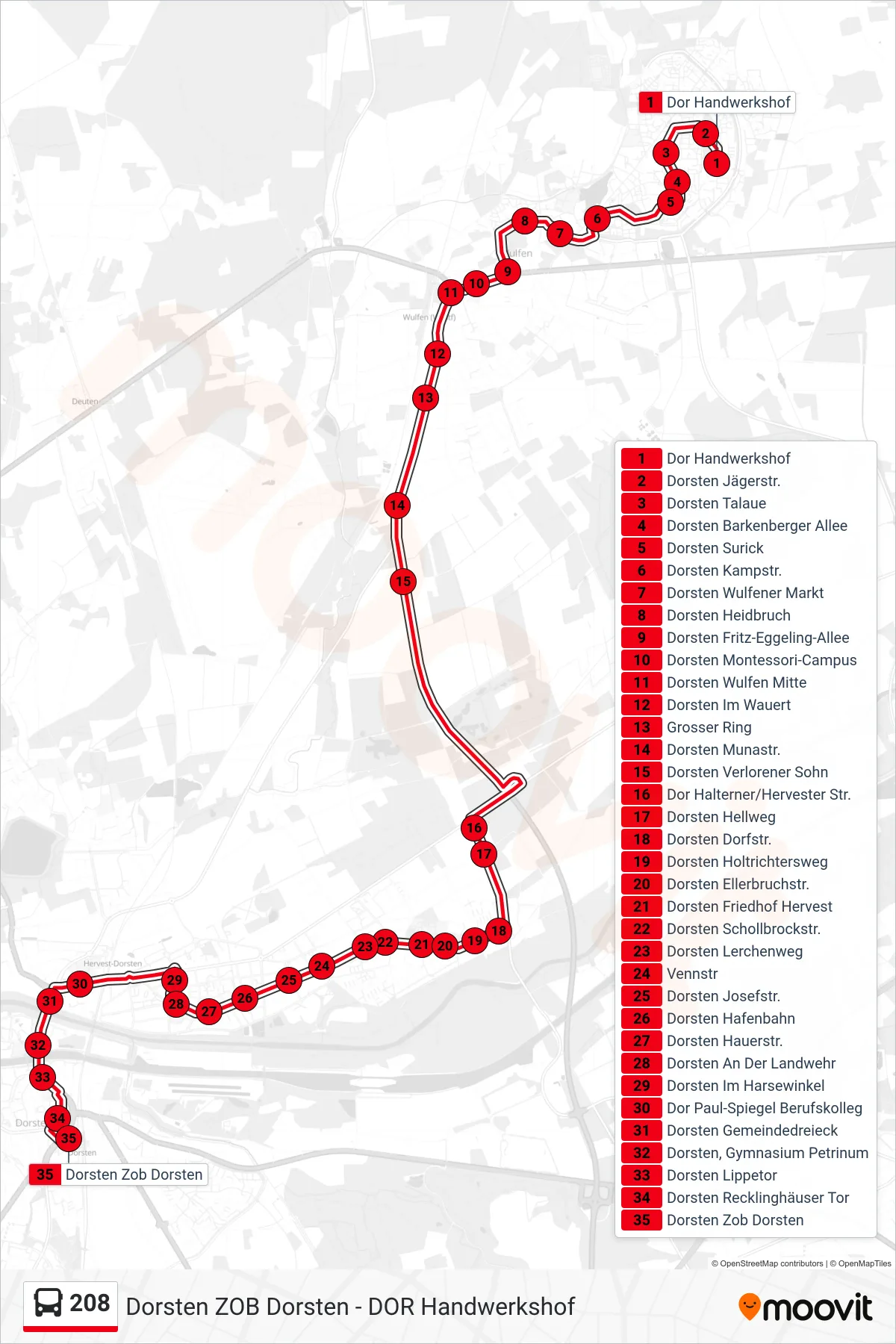 208 bus Line (Dorsten Zob Dorsten) route and stops on a map
