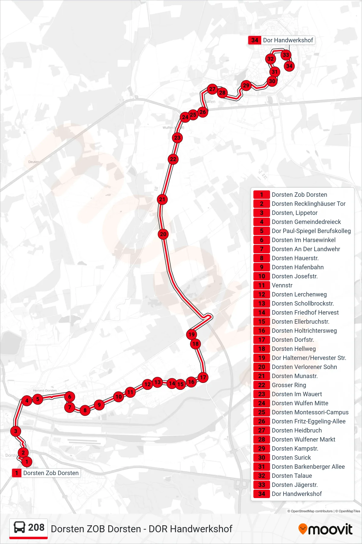 Linie 208 (Bus) Richtung Dor Handwerkshof: Route und Haltestellen auf der Karte