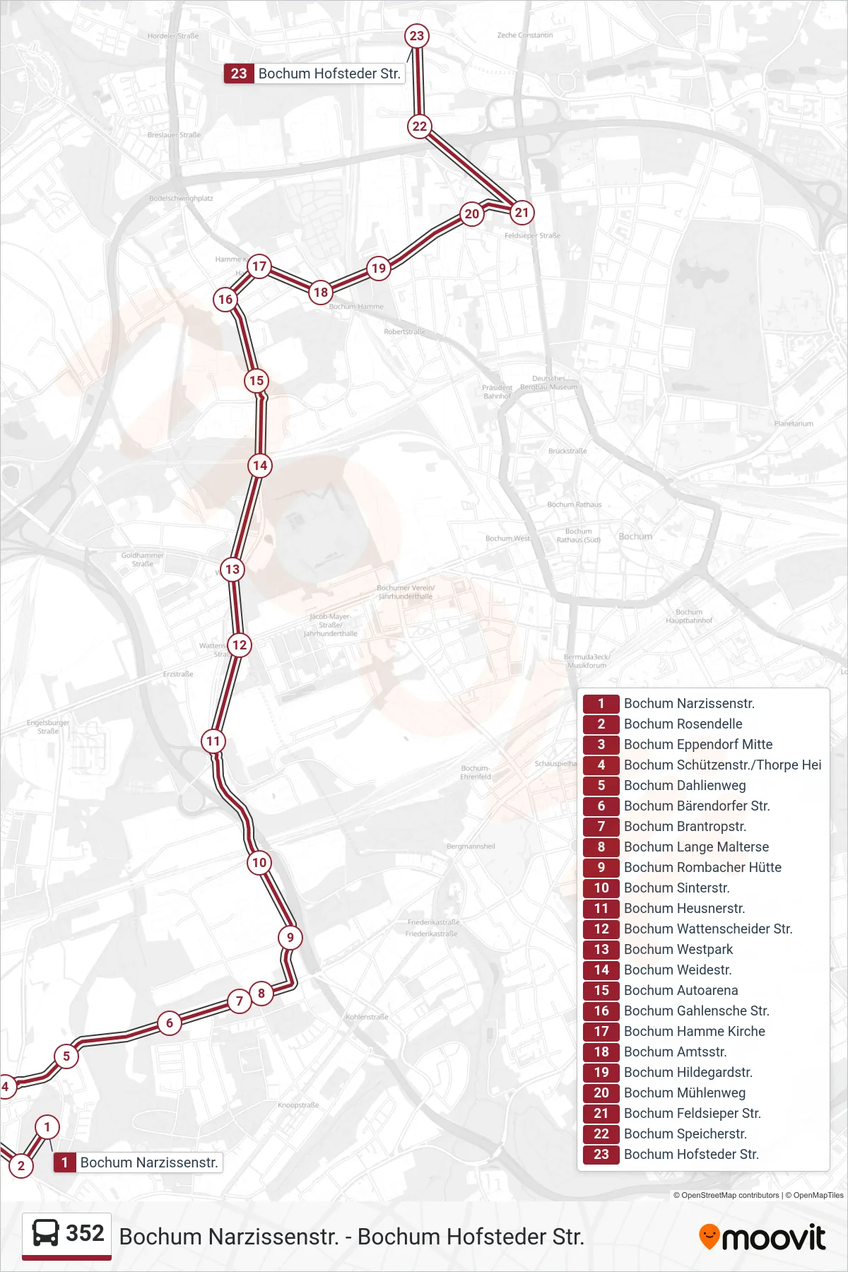 352 bus Line (Bochum Hofsteder Str.) route and stops on a map
