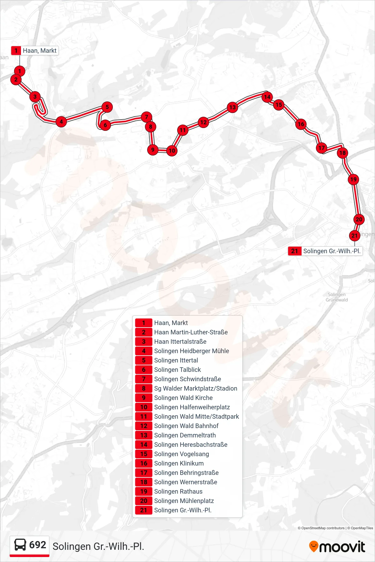 Linie 692 (Bus) Richtung Solingen Gr.-Wilh.-Pl.: Route und Haltestellen auf der Karte