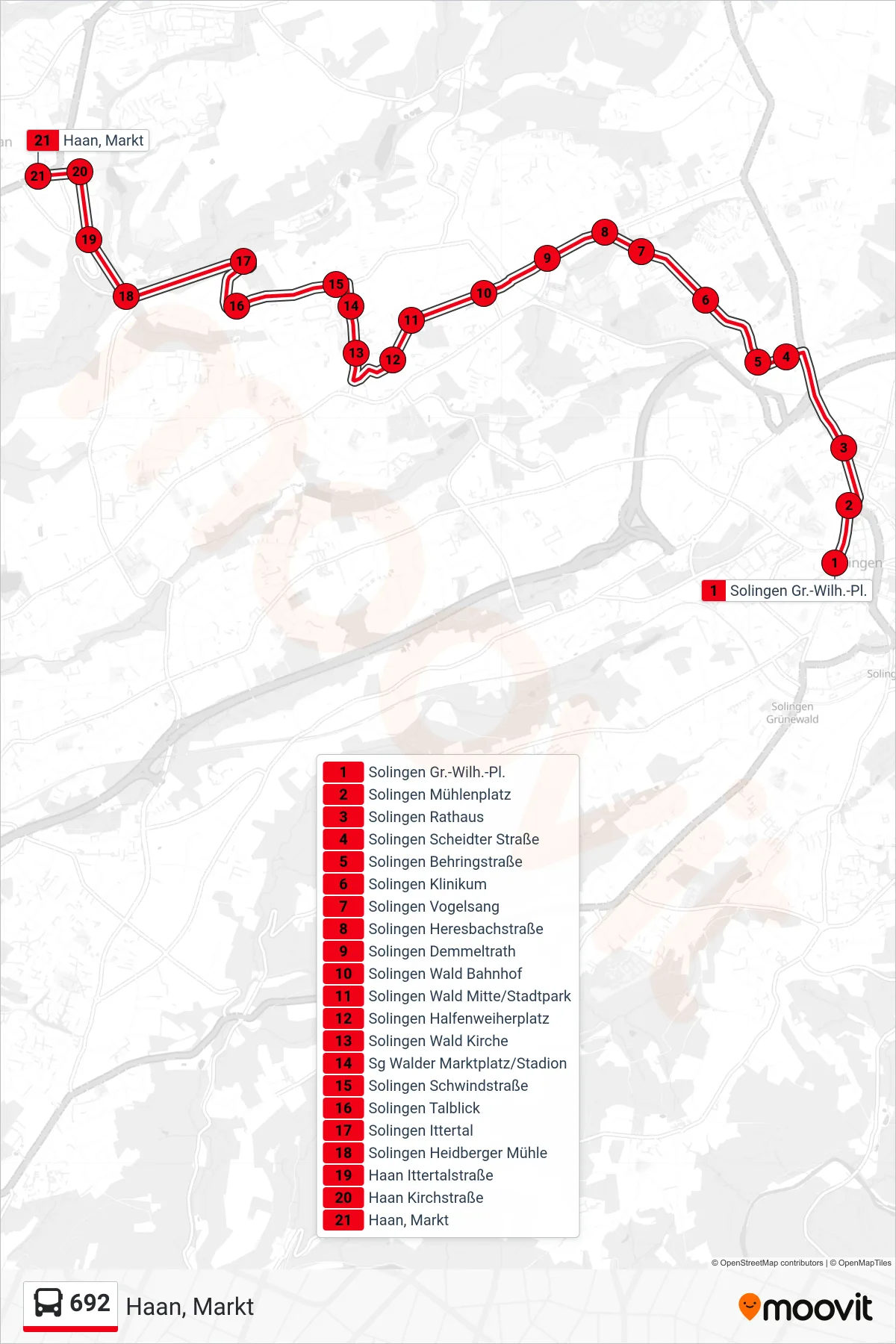Linie 692 (Bus) Richtung Haan, Markt: Route und Haltestellen auf der Karte