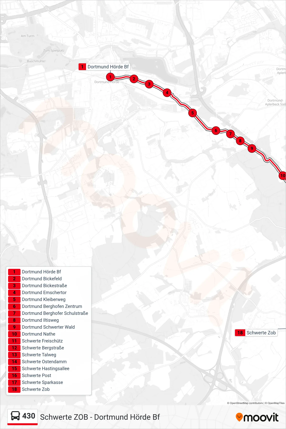 Linie 430 (Bus) Richtung Schwerte Zob: Route und Haltestellen auf der Karte