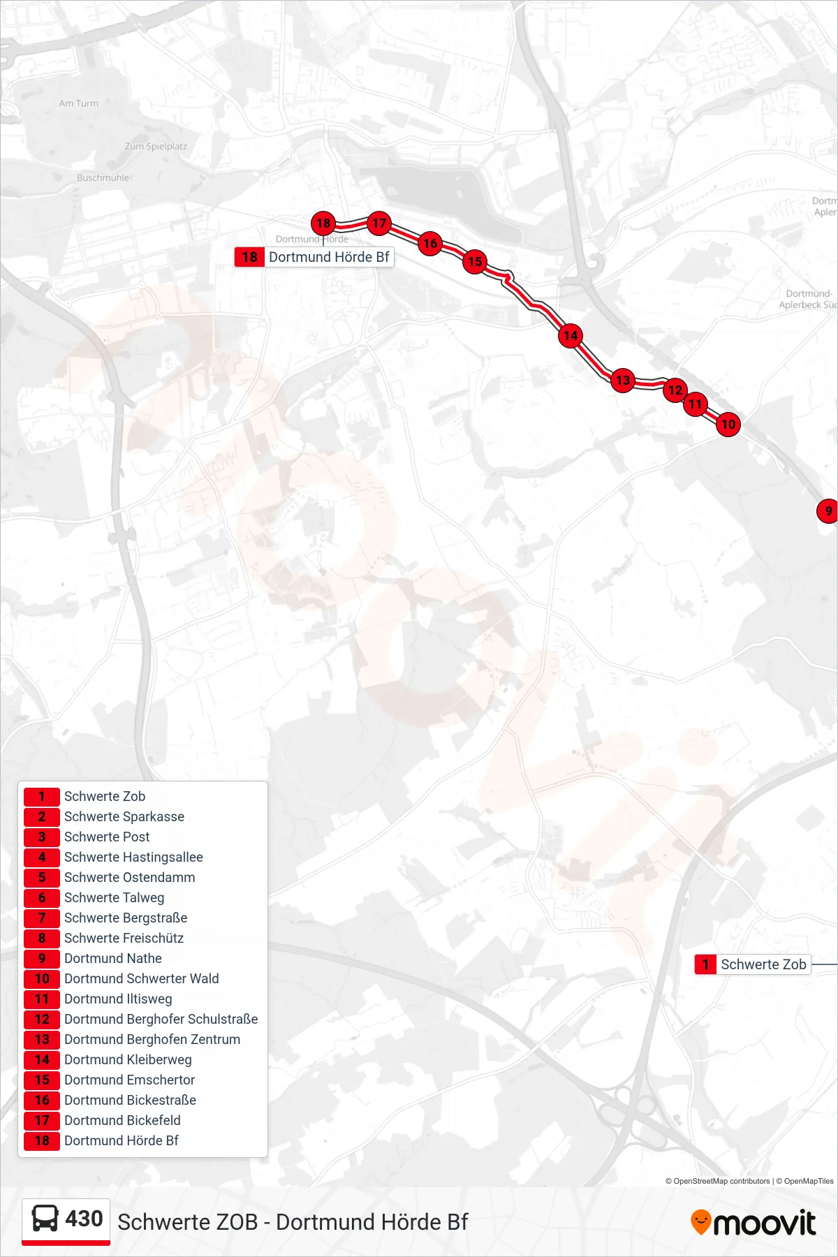 430 bus Line (Dortmund Hörde Bf) route and stops on a map