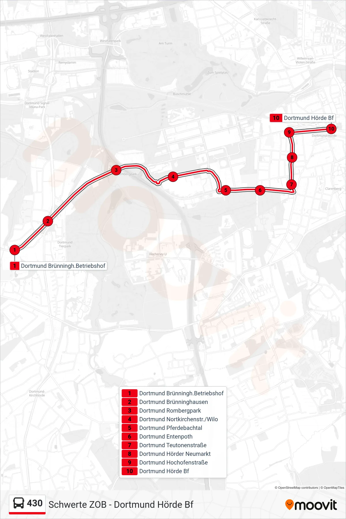 430 bus Line (Dortmund Hörde Bf) route and stops on a map