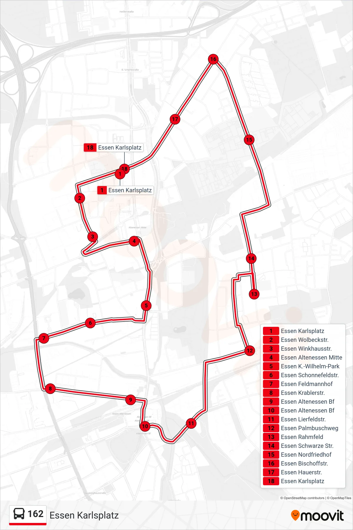 Linie 162 (Bus) Richtung Essen Karlsplatz: Route und Haltestellen auf der Karte