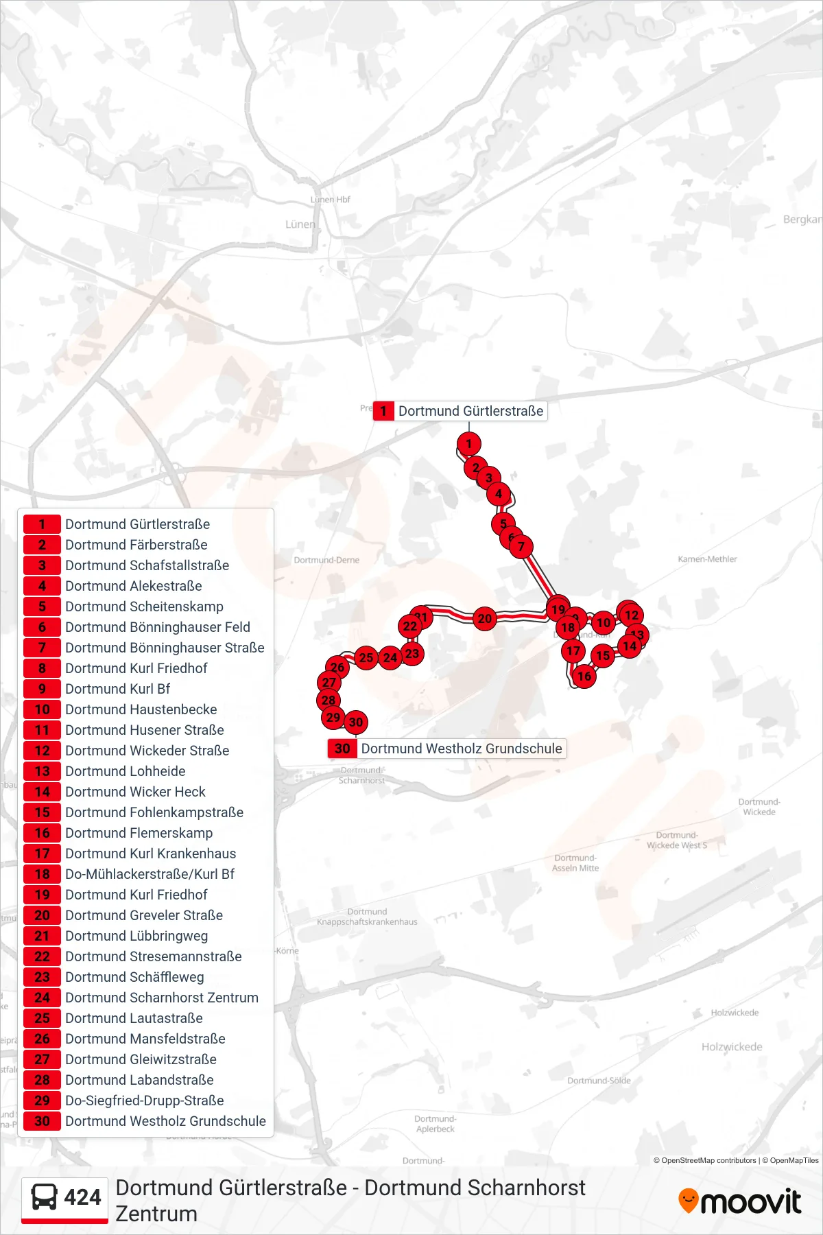 424 bus Line (Dortmund Westholz Grundschule) route and stops on a map