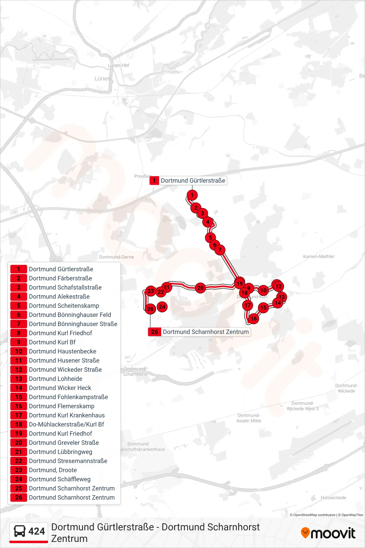 Linie 424 (Bus) Richtung Dortmund Scharnhorst Zentrum: Route und Haltestellen auf der Karte