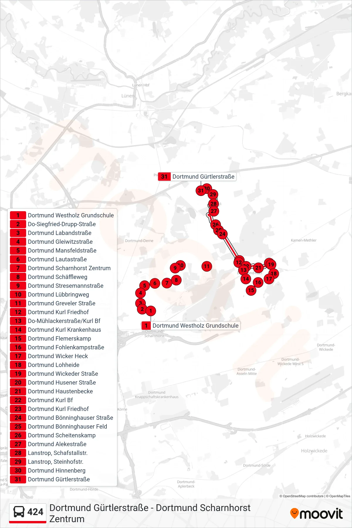424 bus Line (Dortmund Gürtlerstraße) route and stops on a map