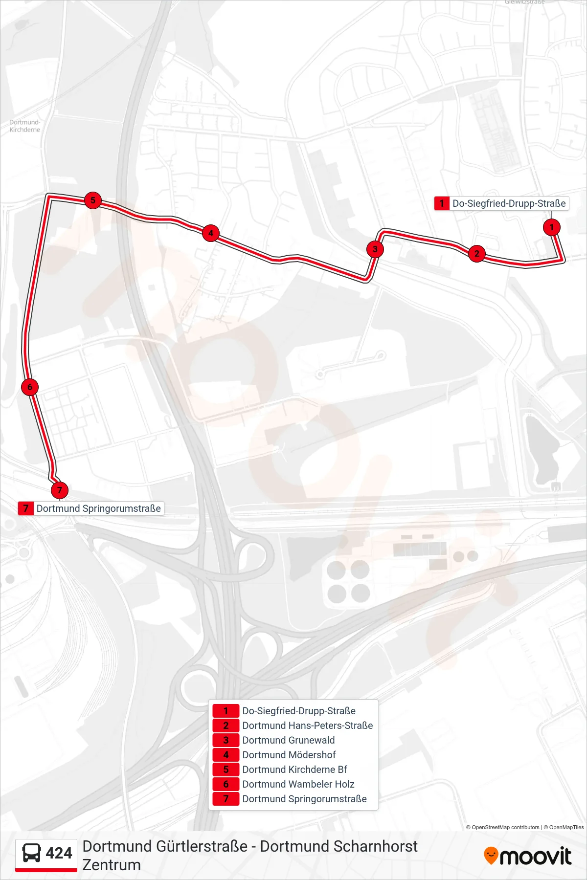 424 bus Line (Dortmund Springorumstraße) route and stops on a map