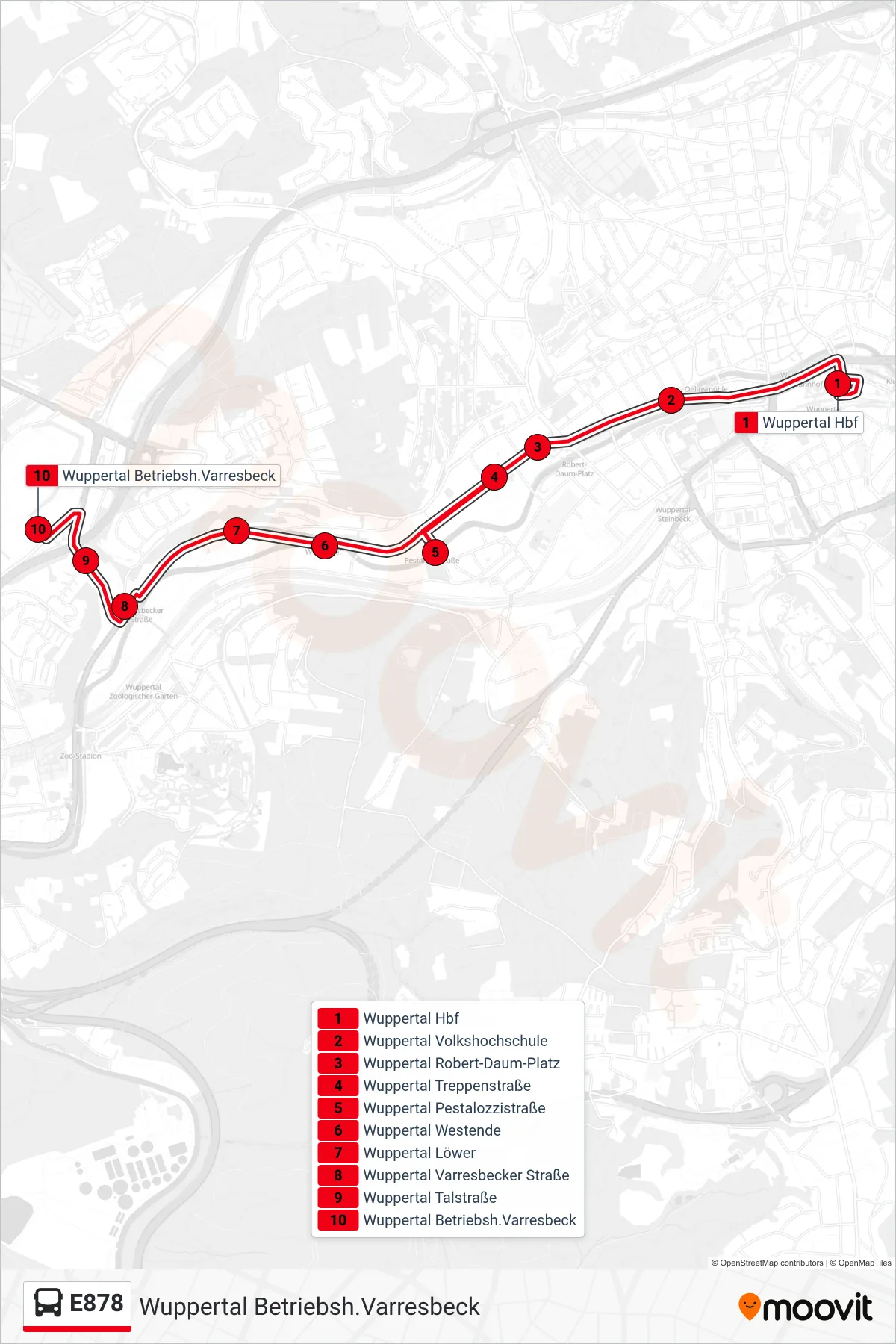 Linie E878 (Bus) Richtung Wuppertal Betriebsh.Varresbeck: Route und Haltestellen auf der Karte