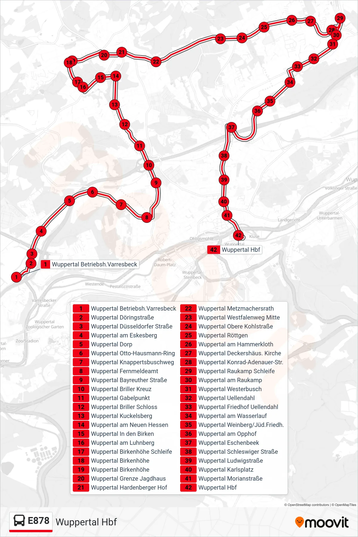 E878 bus Line (Wuppertal Hbf) route and stops on a map