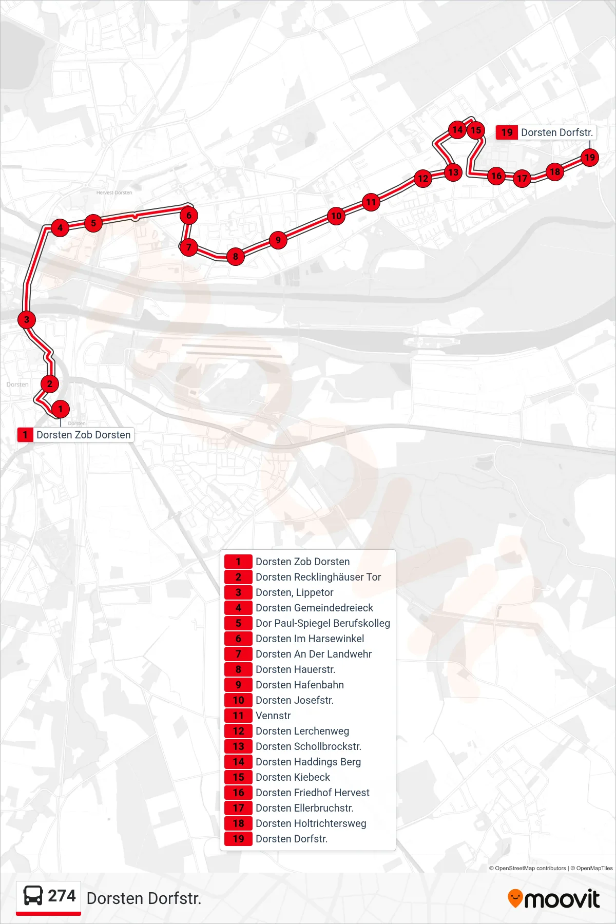 274 bus Line (Dorsten Dorfstr.) route and stops on a map