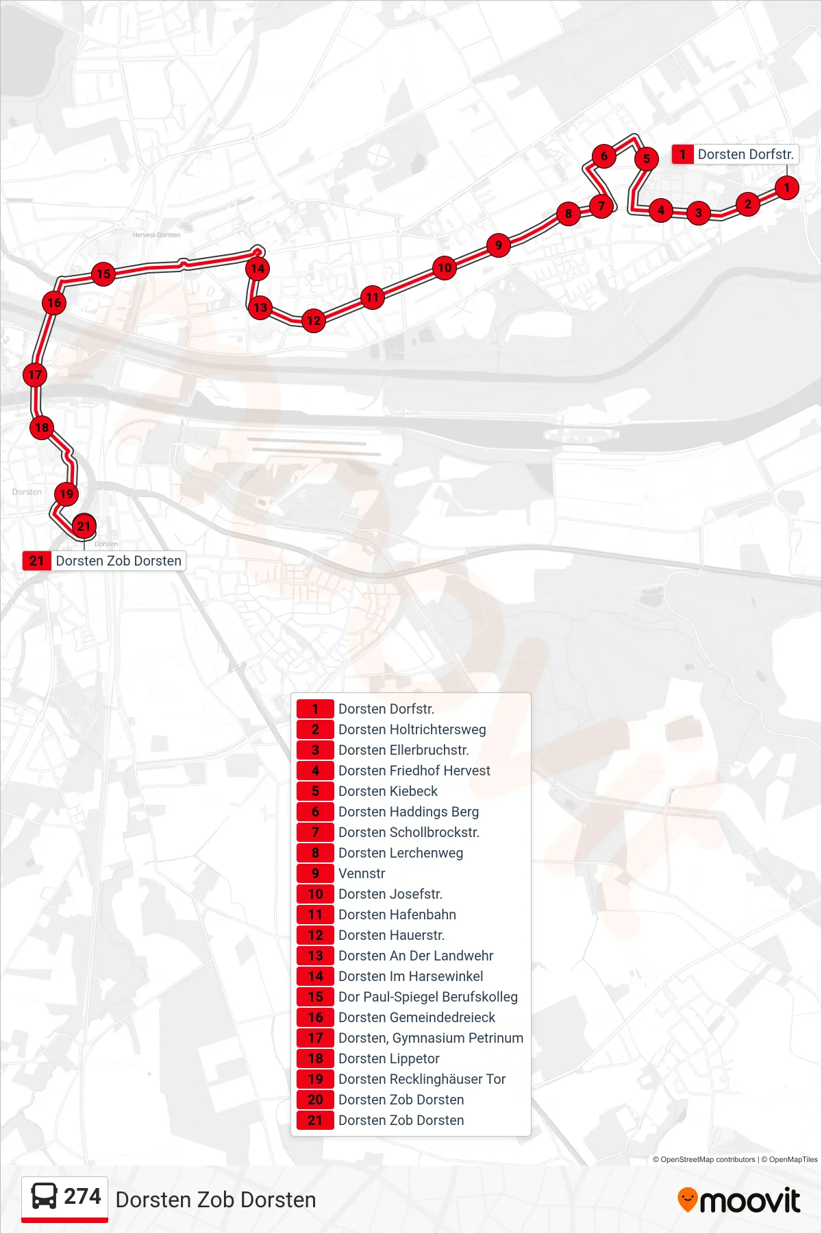 Linie 274 (Bus) Richtung Dorsten Zob Dorsten: Route und Haltestellen auf der Karte