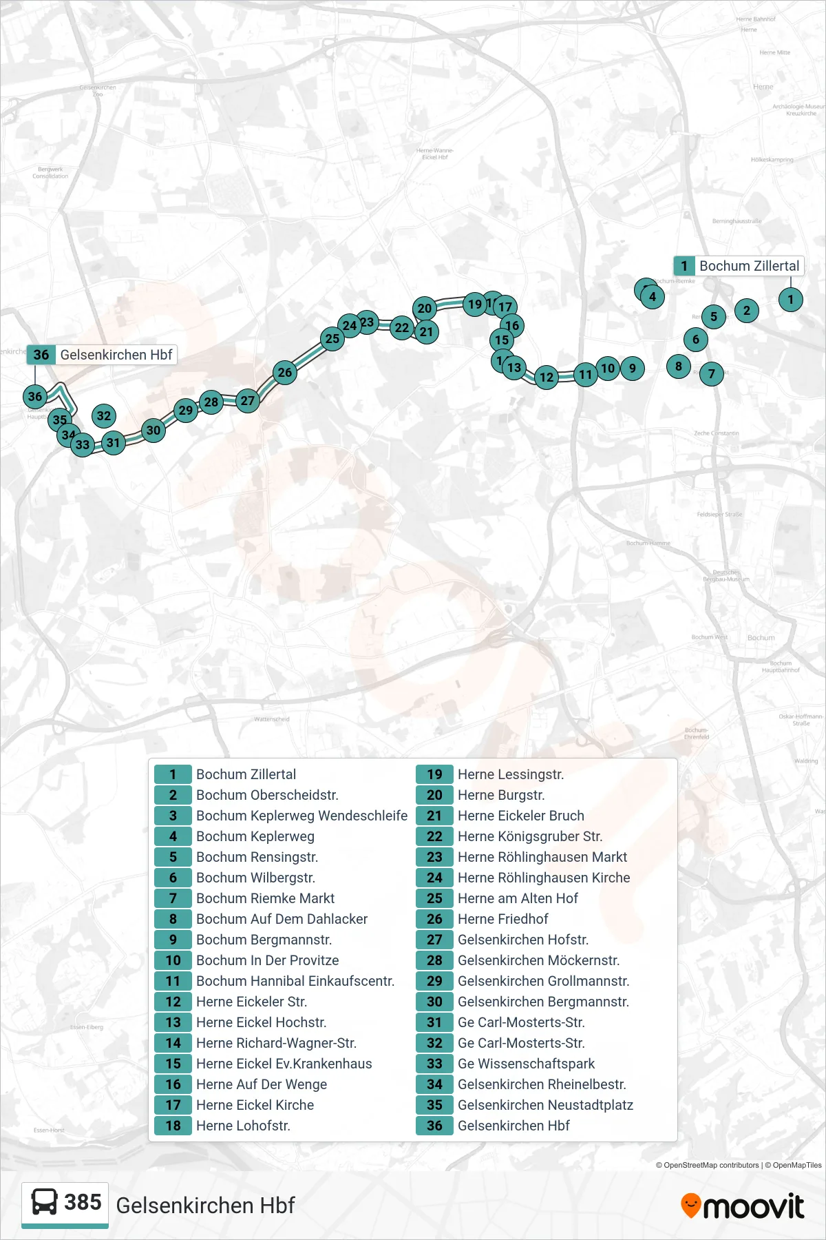 385 bus Line (Gelsenkirchen Hbf) route and stops on a map