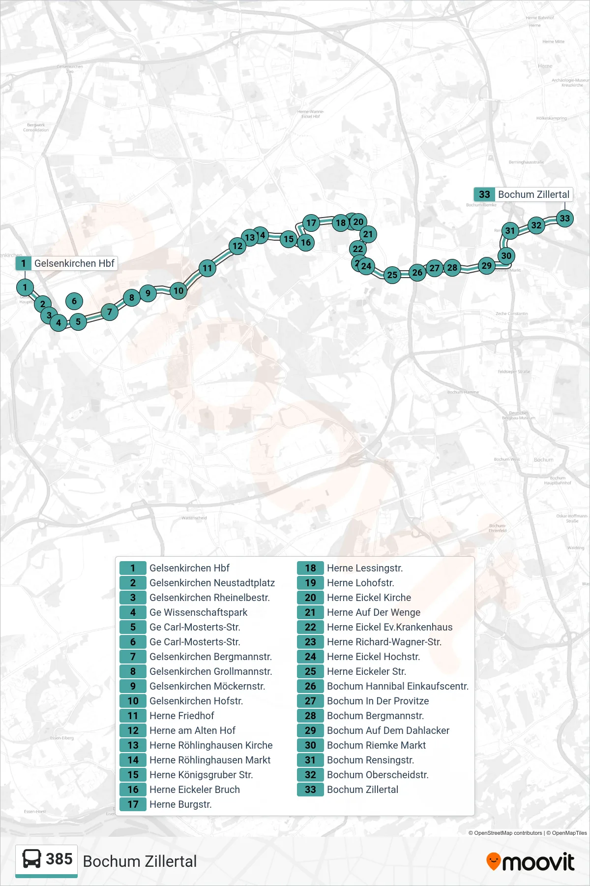 Linie 385 (Bus) Richtung Bochum Zillertal: Route und Haltestellen auf der Karte
