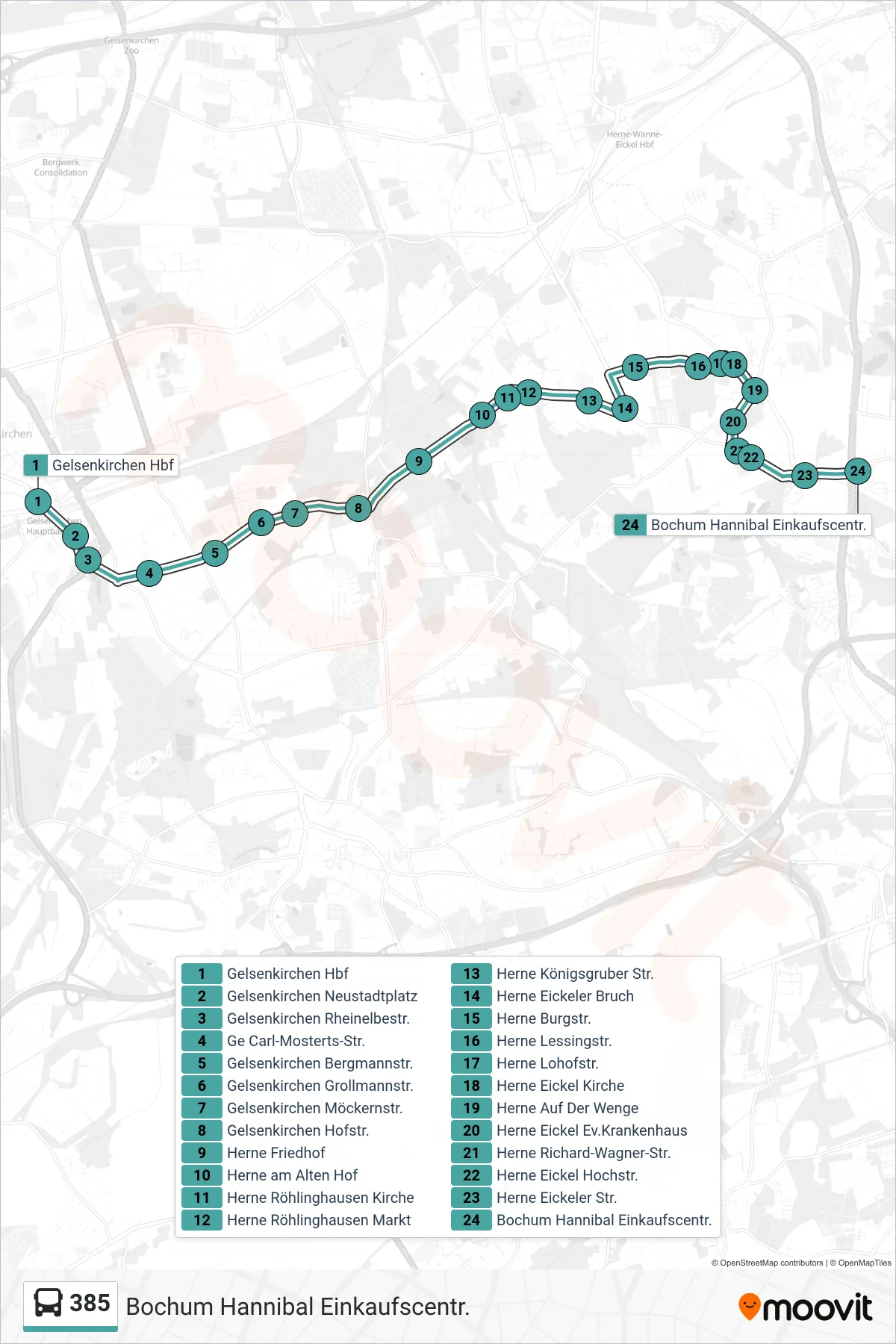 385 bus Line (Bochum Hannibal Einkaufscentr.) route and stops on a map