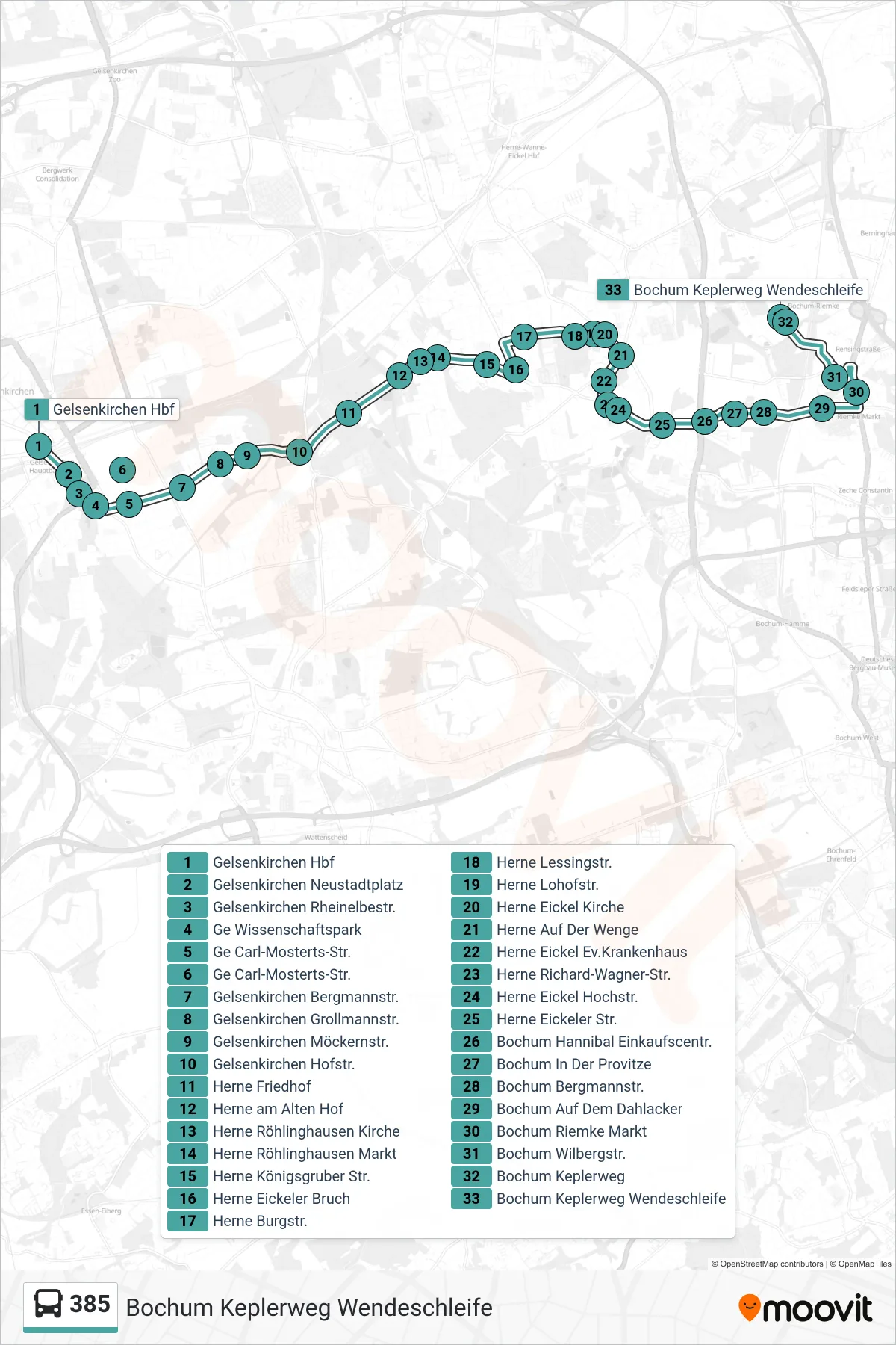 385 bus Line (Bochum Keplerweg Wendeschleife) route and stops on a map