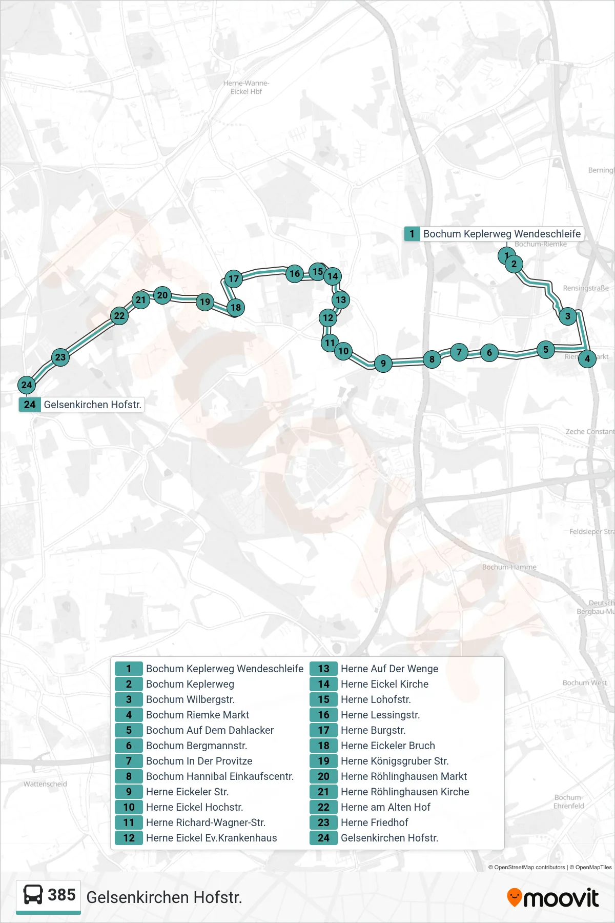 385 bus Line (Gelsenkirchen Hofstr.) route and stops on a map