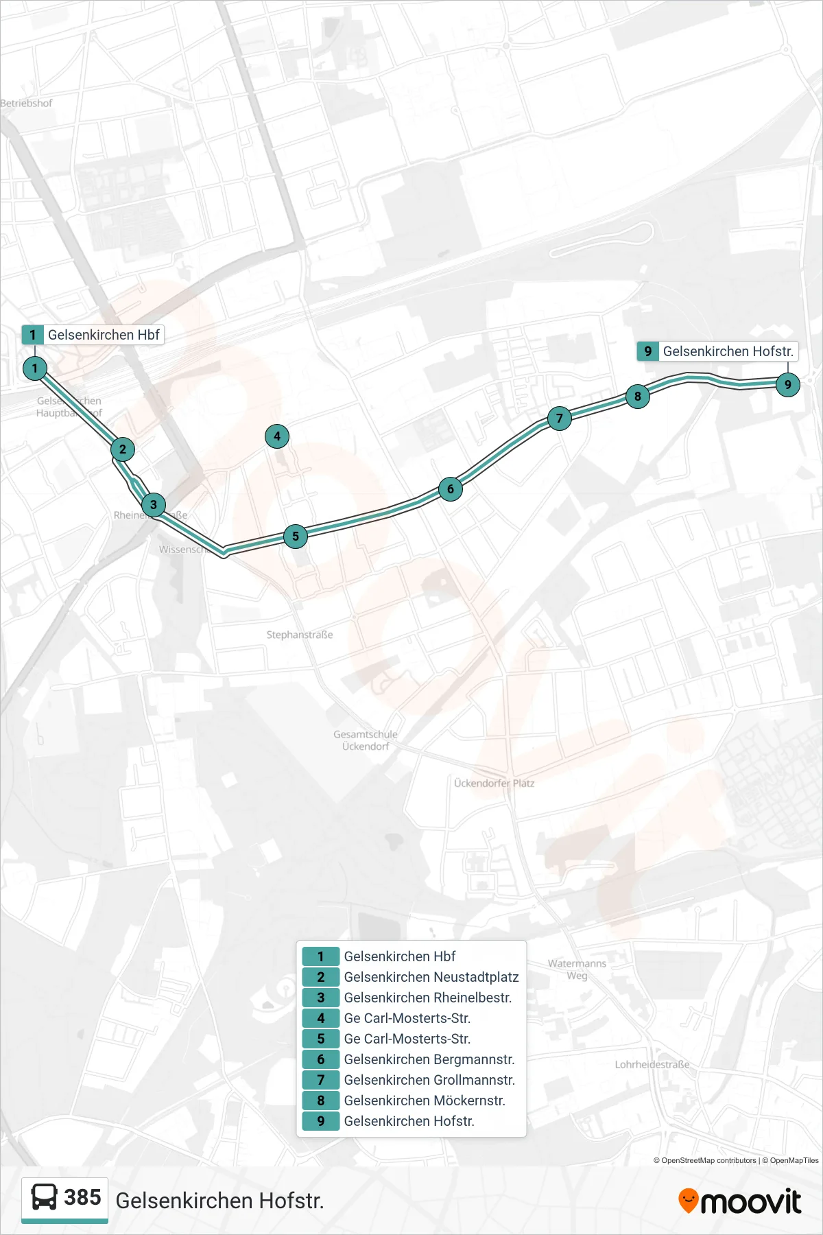385 bus Line (Gelsenkirchen Hofstr.) route and stops on a map