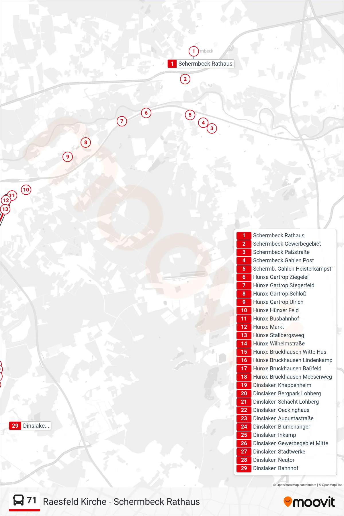 Linie 71 (Bus) Richtung Dinslaken Bahnhof: Route und Haltestellen auf der Karte