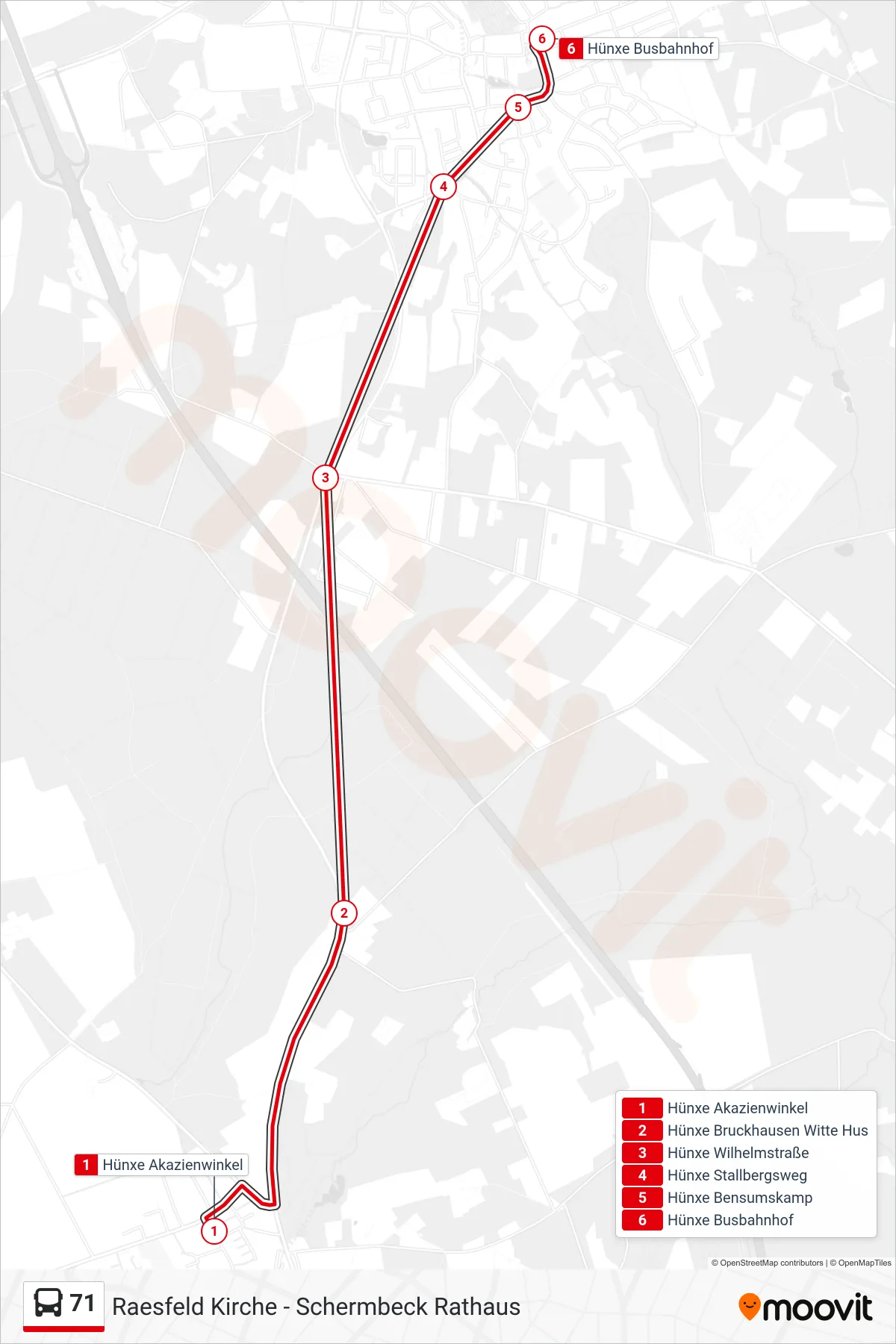 Linie 71 (Bus) Richtung Hünxe Busbahnhof: Route und Haltestellen auf der Karte