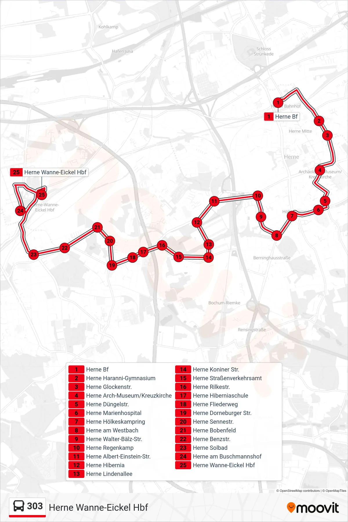 Linie 303 (Bus) Richtung Herne Wanne-Eickel Hbf: Route und Haltestellen auf der Karte