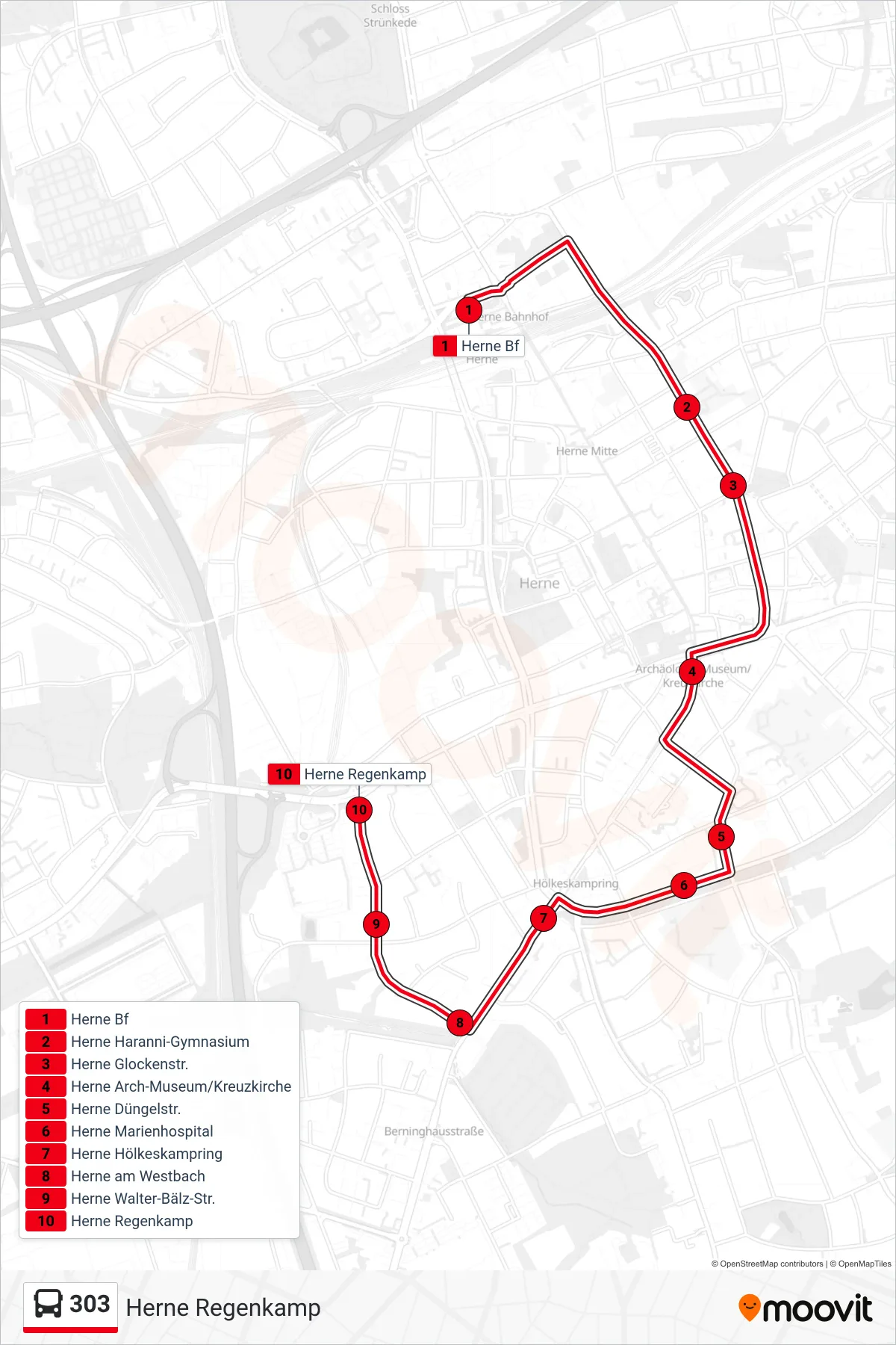 303 bus Line (Herne Regenkamp) route and stops on a map