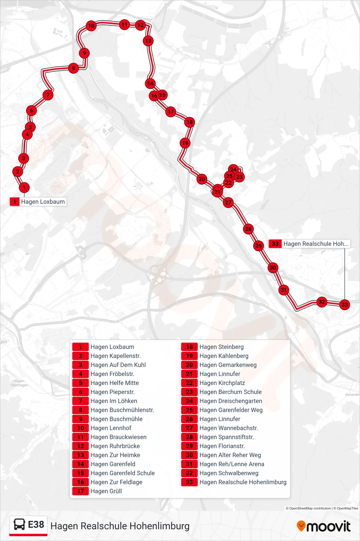 Linie E38 (Bus) Richtung Hagen Realschule Hohenlimburg: Route und Haltestellen auf der Karte