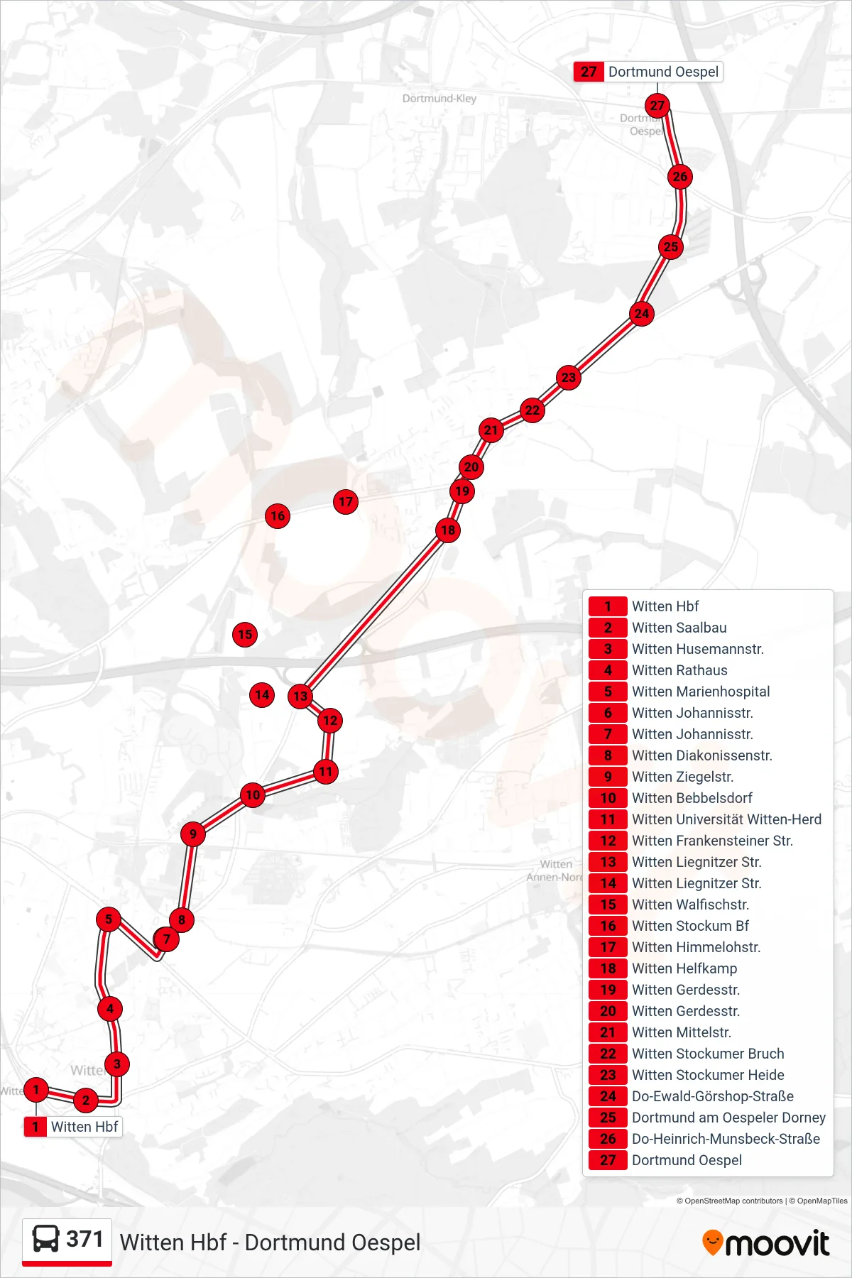 Linie 371 (Bus) Richtung Dortmund Oespel: Route und Haltestellen auf der Karte