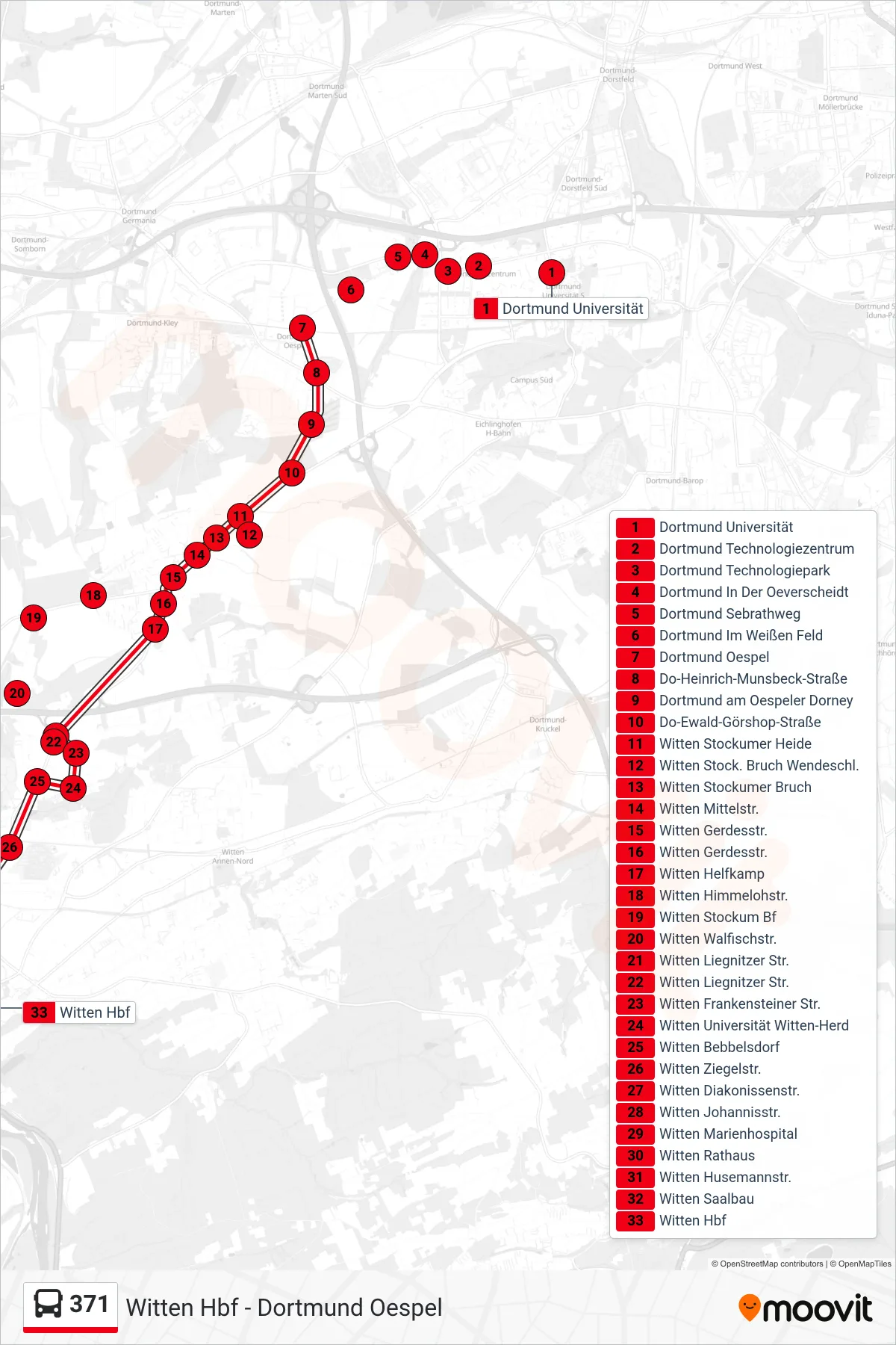 371 bus Line (Witten Hbf) route and stops on a map