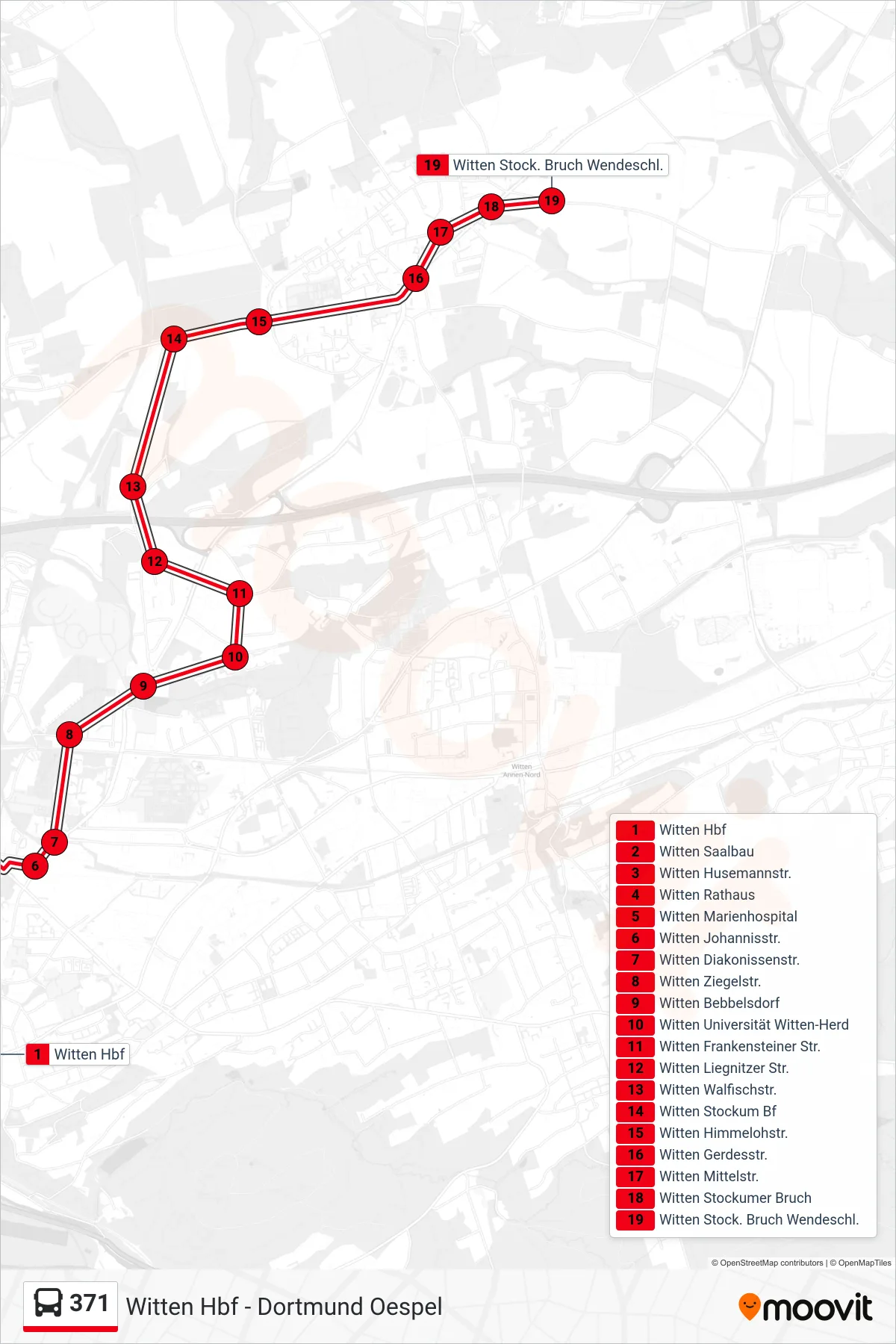 Linie 371 (Bus) Richtung Witten Stock. Bruch Wendeschl.: Route und Haltestellen auf der Karte
