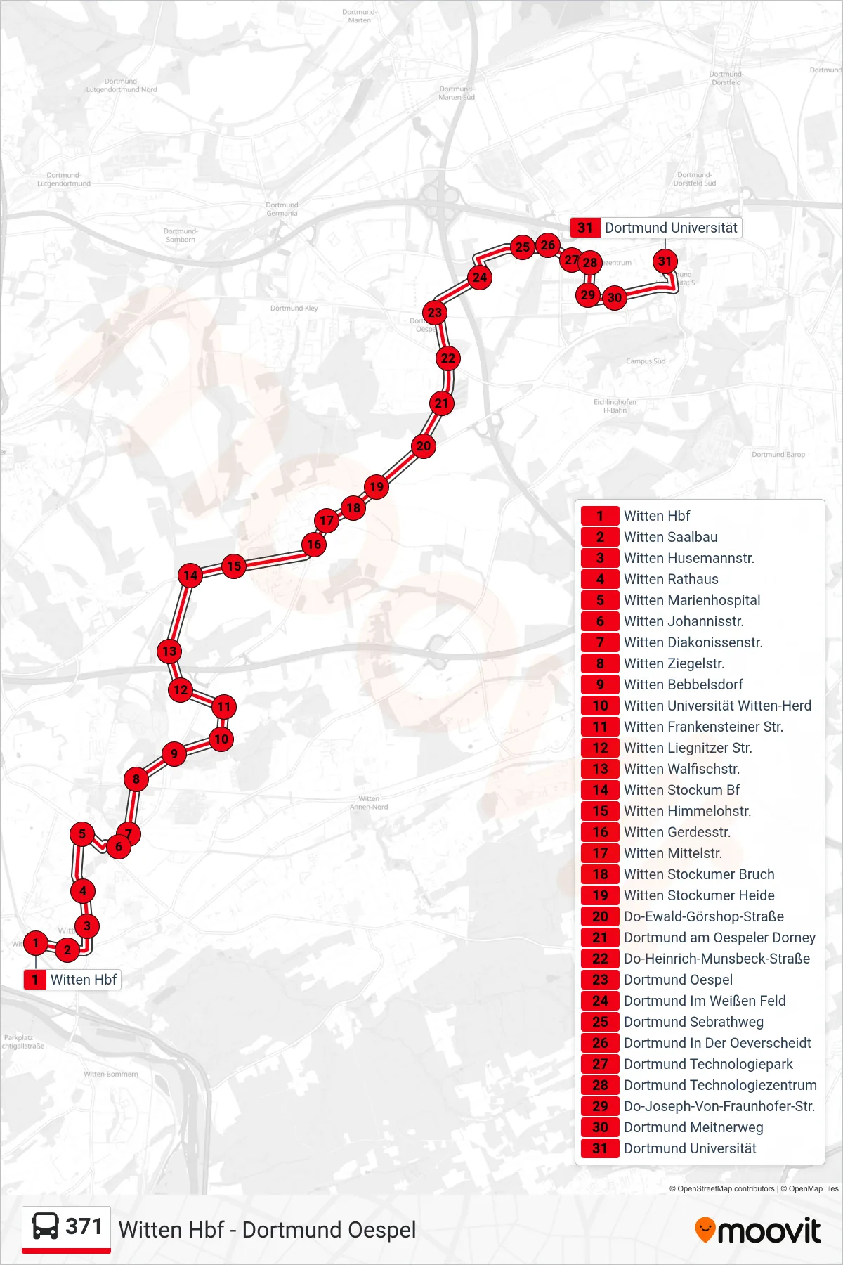 Linie 371 (Bus) Richtung Dortmund Universität: Route und Haltestellen auf der Karte