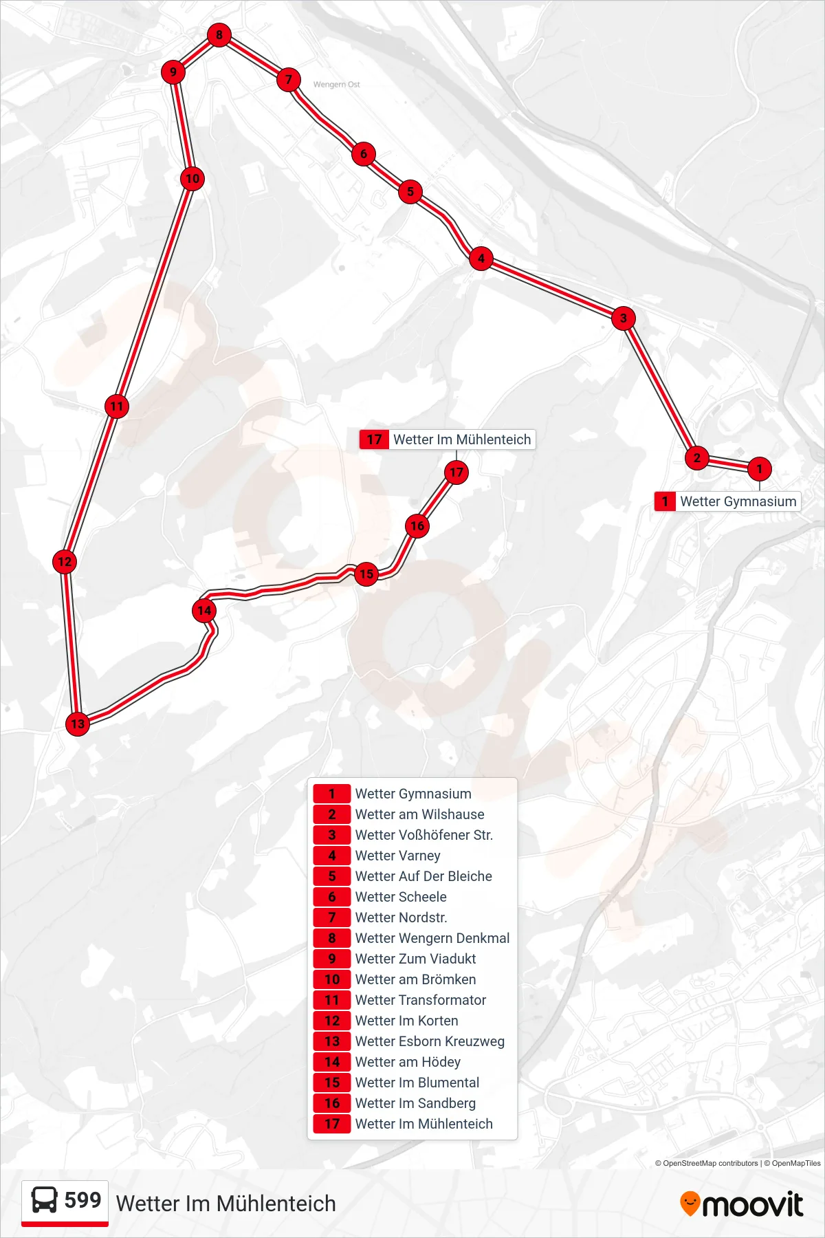 Linie 599 (Bus) Richtung Wetter Im Mühlenteich: Route und Haltestellen auf der Karte